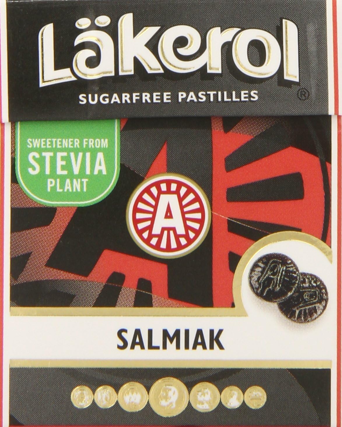 4 Boxes x 25g of Läkerol Salmiak - Stevia - Original - Swedish - Sugar Free - Salty Licorice - Pastilles - Lozenges - Drops - Dragees - Candies - Sweets