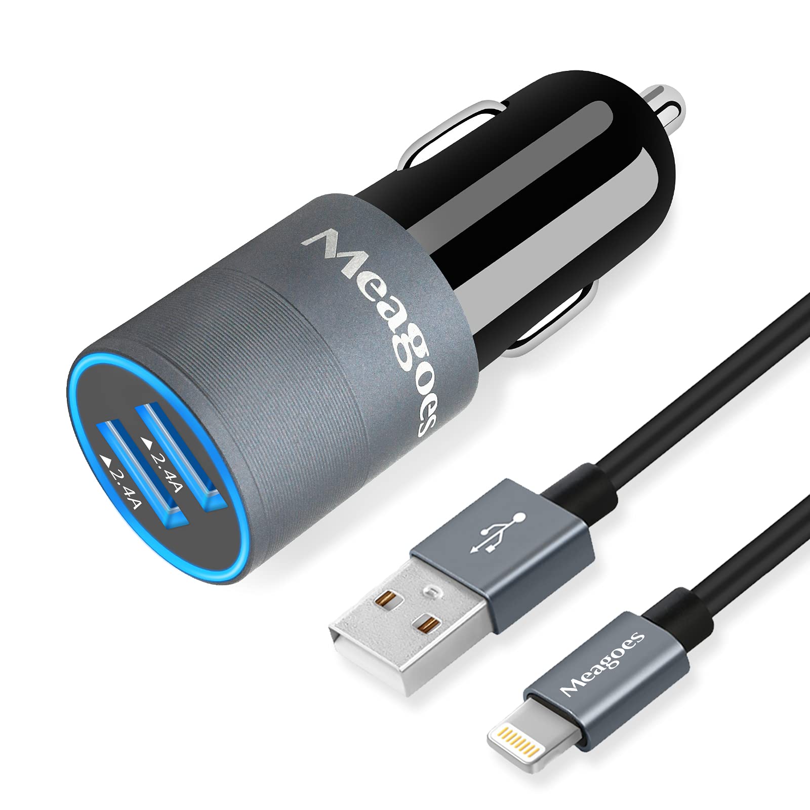 Meagoes Fast Car Charger Adapter, Dual 2.4A/12W Ports Compatible for Apple iPhone 13 Pro Max/13 Pro/13/Mini/12/11 Pro Max/11 Pro/11/XS/XR/X/8 Plus/8/7 Plus/7/6, with 3ft MFi Certified Lightning Cable