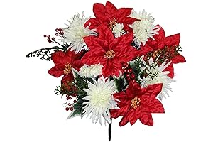 Artificial Poinsettia Flowers for Cemetery Vase, White/Red