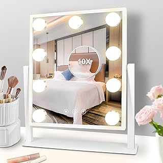 MiroFan Vanity Mirror with Lights Hollywood Mirror Lighted Makeup Mirror with Dimmable&3 Color Modes Lights, 9 LED Bulbles with Detachable 10X Magnification Mirror Lighted Makeup Mirror