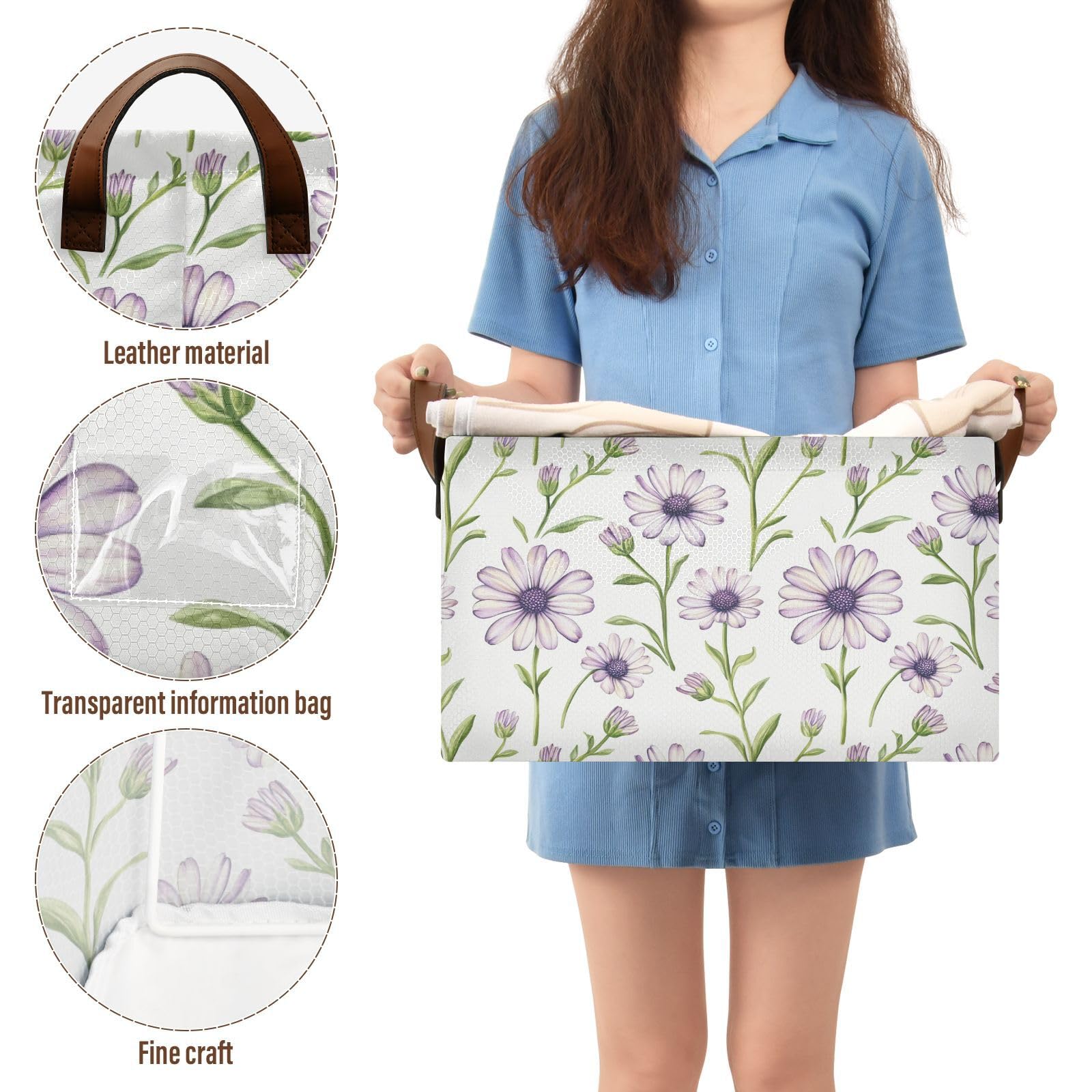 KLL Sweet Osteospermum fioletowe, neutralne, duże kosze do przechowywania z uchwytami, duży dekoracyjny organizer do szafy, półki, komody, 2 szt., cajas de almacenamiento para ropa