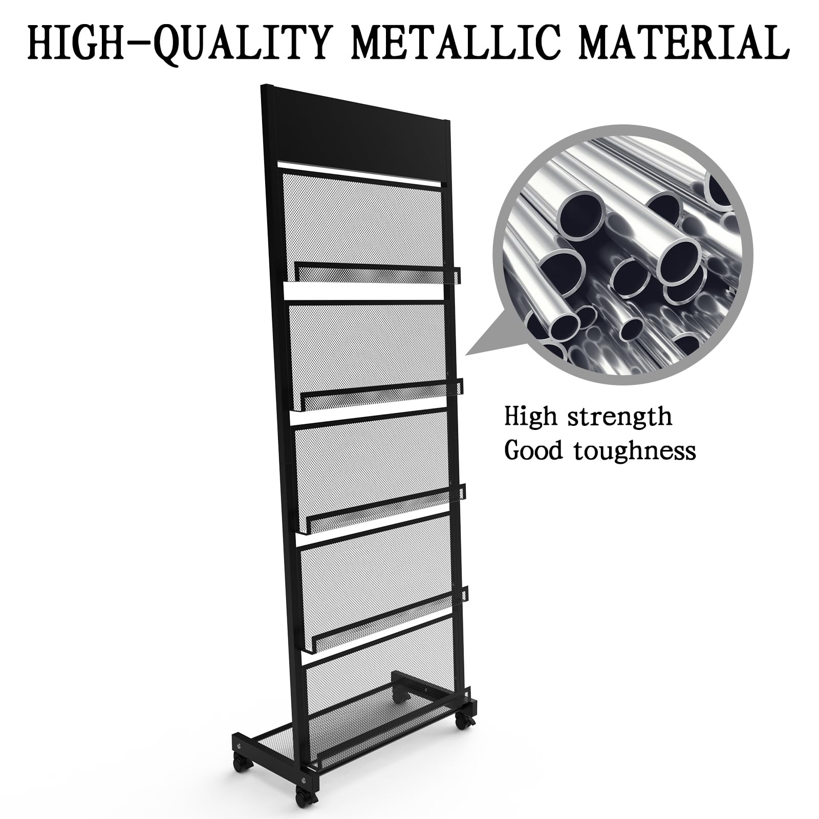 Floor-Standing Magazine Rack 5-Layer with Wheels, Brochure Display Stand, High-hardness metal for Exhibitions, Office, and Any Organization Requiring Information Display (5-Layer-Black)