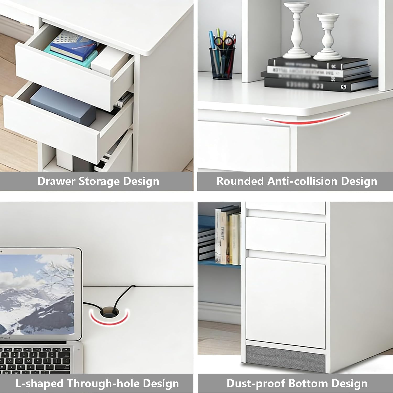 Scrivania per Computer in Legno, Moderna Scrivania con Cassetti, Massello Bianco Postazione con Ripiano Portaoggetti e Libreria 120x45x165cm