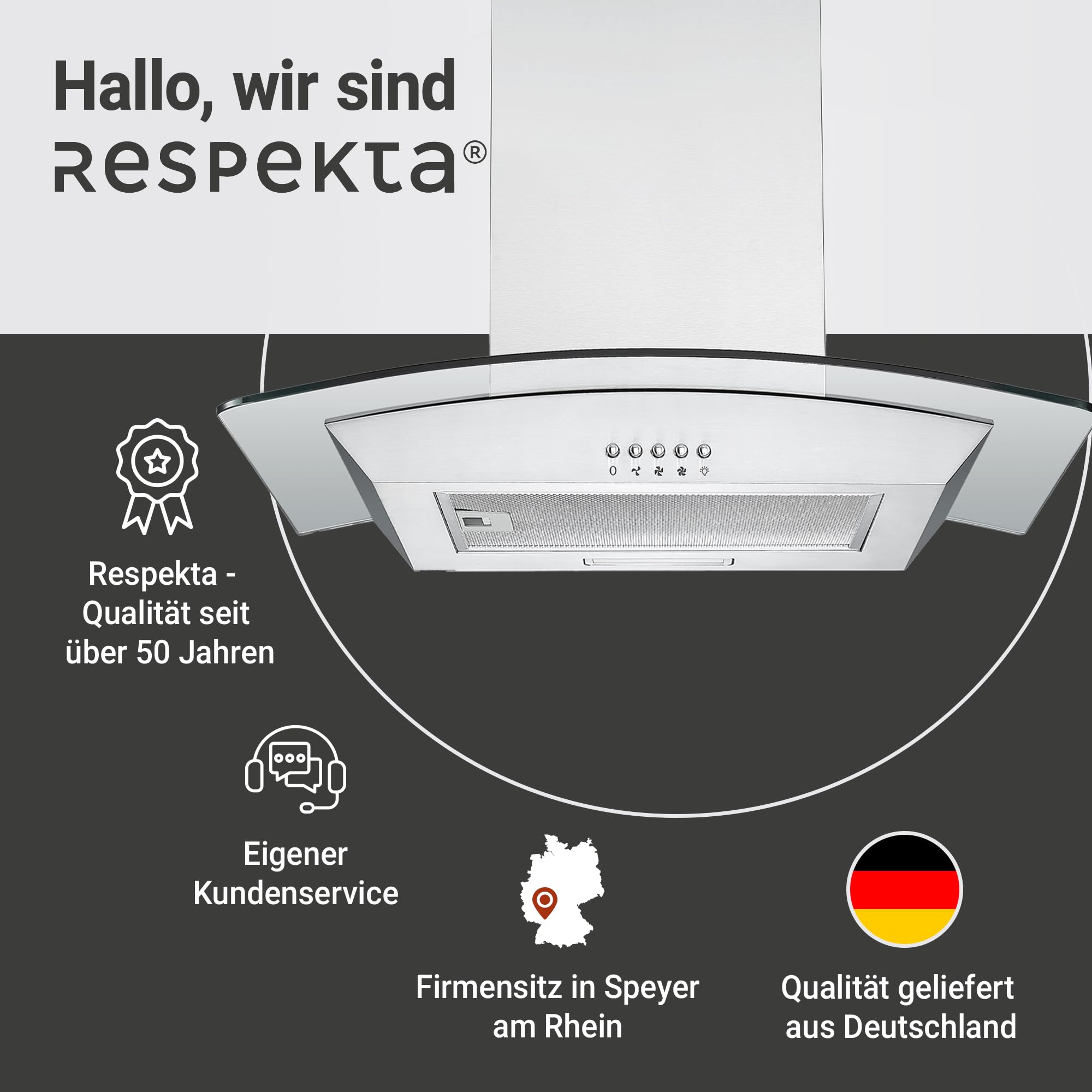 Respekta Dunstabzugshaube/Wandhaube 60 cm/Edelstahlgehäuse mit Glasschirm/Abluft - und Umluftfunktion / CH0160IXB / B / 58 – 62 dB