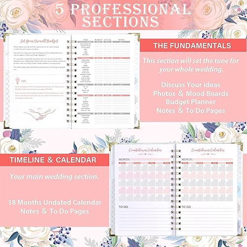 Miniatura 4 de Tullofa Agenda de boda  Agenda de boda y organizador para la novia con 5 secciones con pestañas, 6.5 x 8.75 pulgadas, tapa dura con esquina de metal