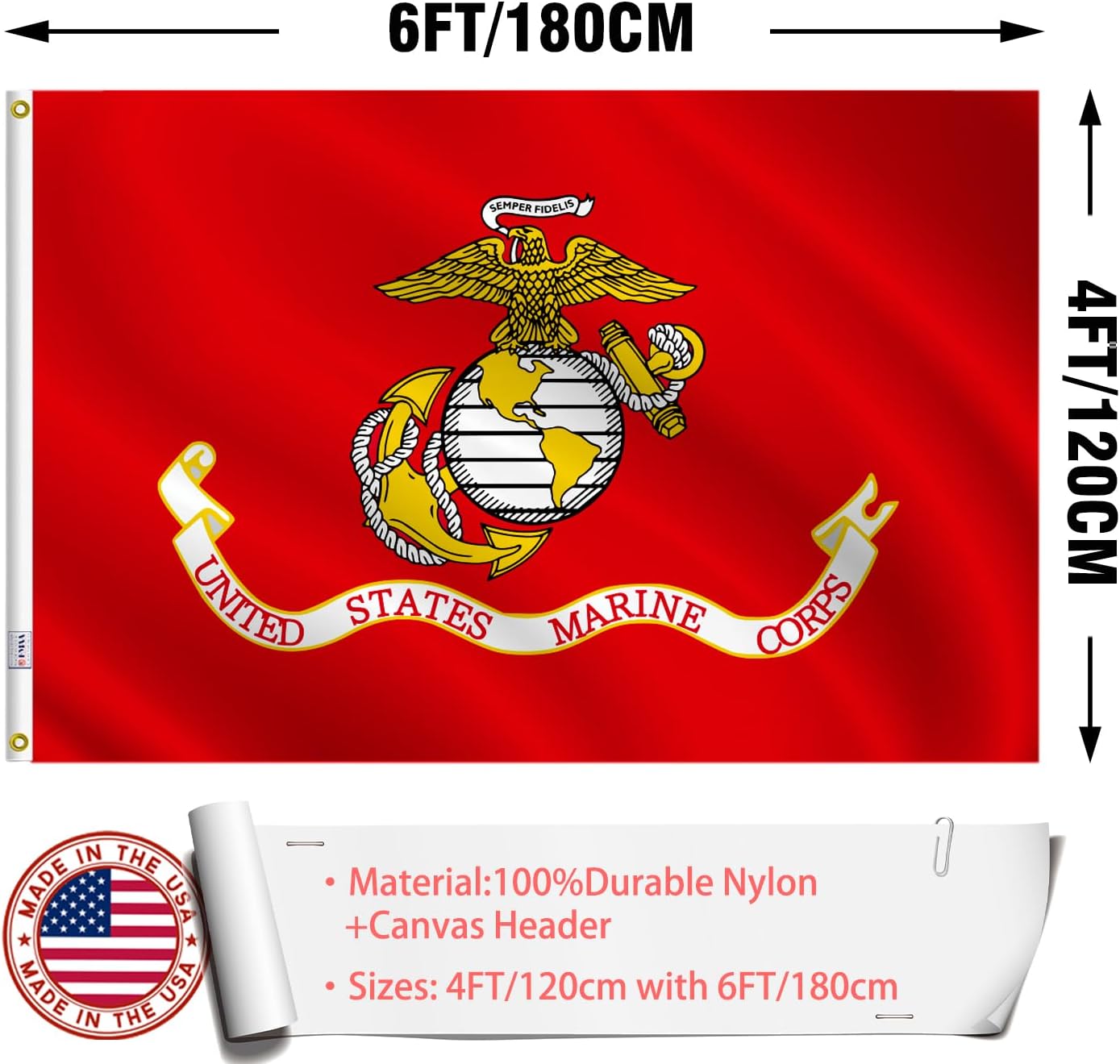 US Marine Corps USMC Flag 4x6 Outdoor Made in USA - Double Sided Heavy Duty Vivid Color US Military Army Flags Long Lasting with 2 Brass Grommet