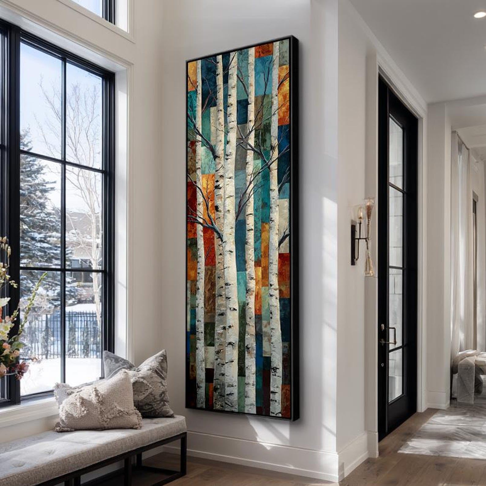 Xinbao Frameless Birch Trees Painting, Tall Narrow Tree Prints, Vertical Natural Canvas Art Work，Tall Thin Canvas Wall Art For Home Decor(20X60cm/Frameless)