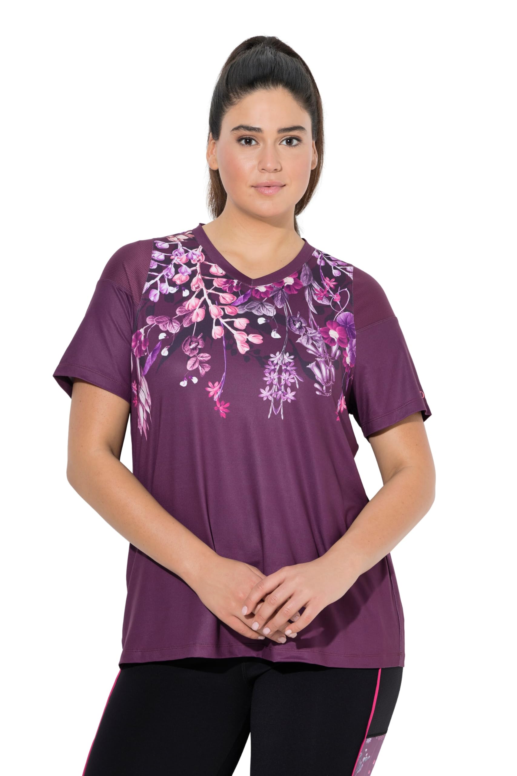 Ulla Popken Damen große Größen Übergrößen Plus Size Funktionsshirt, Mesh-Einsätze, V-Ausschnitt, Halbarm 840687