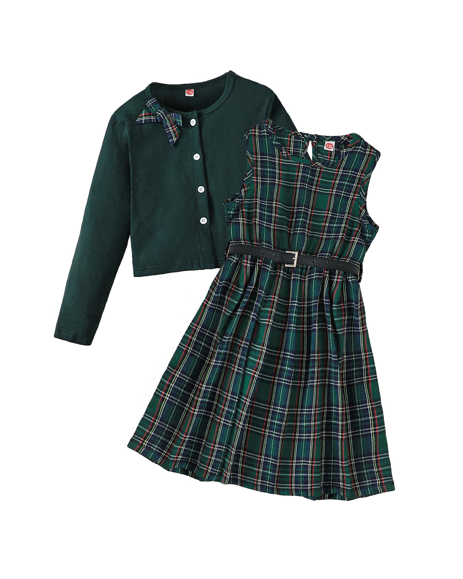 Girls Plaid Dress with Cardigan 3-Piece Outfit Set with Belt Size 7-14