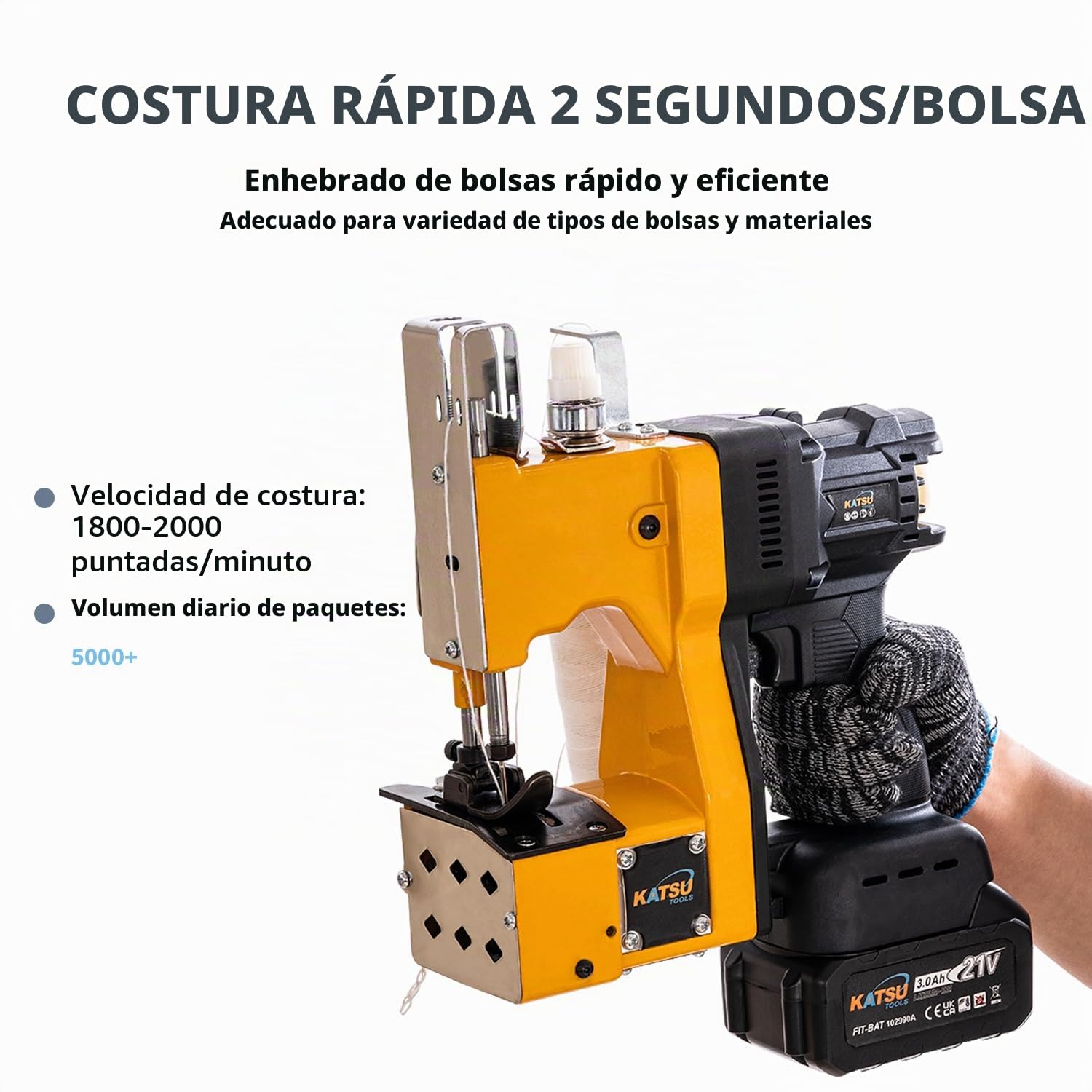 KATSU FIT-BAT Maquinas de Coser Sacos Portátil 21V Inalámbrico Máquina de Embalaje de Costura Más Cercana Bolsa con Batería de 3.0 Ah, para Coser/Sellar Bolsas Tejidas/Papel/Plástico