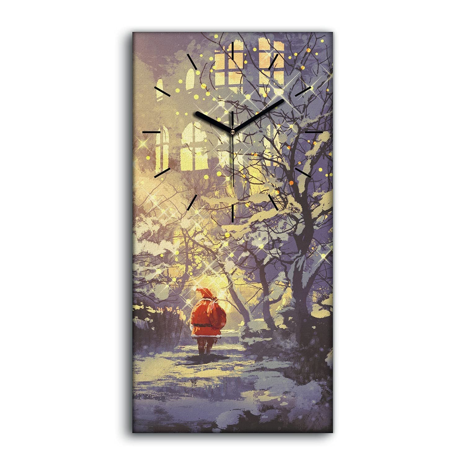 Horloge sur toile 30x60cm Père Noël enneigé avec aiguilles noires silencieuses Coloray