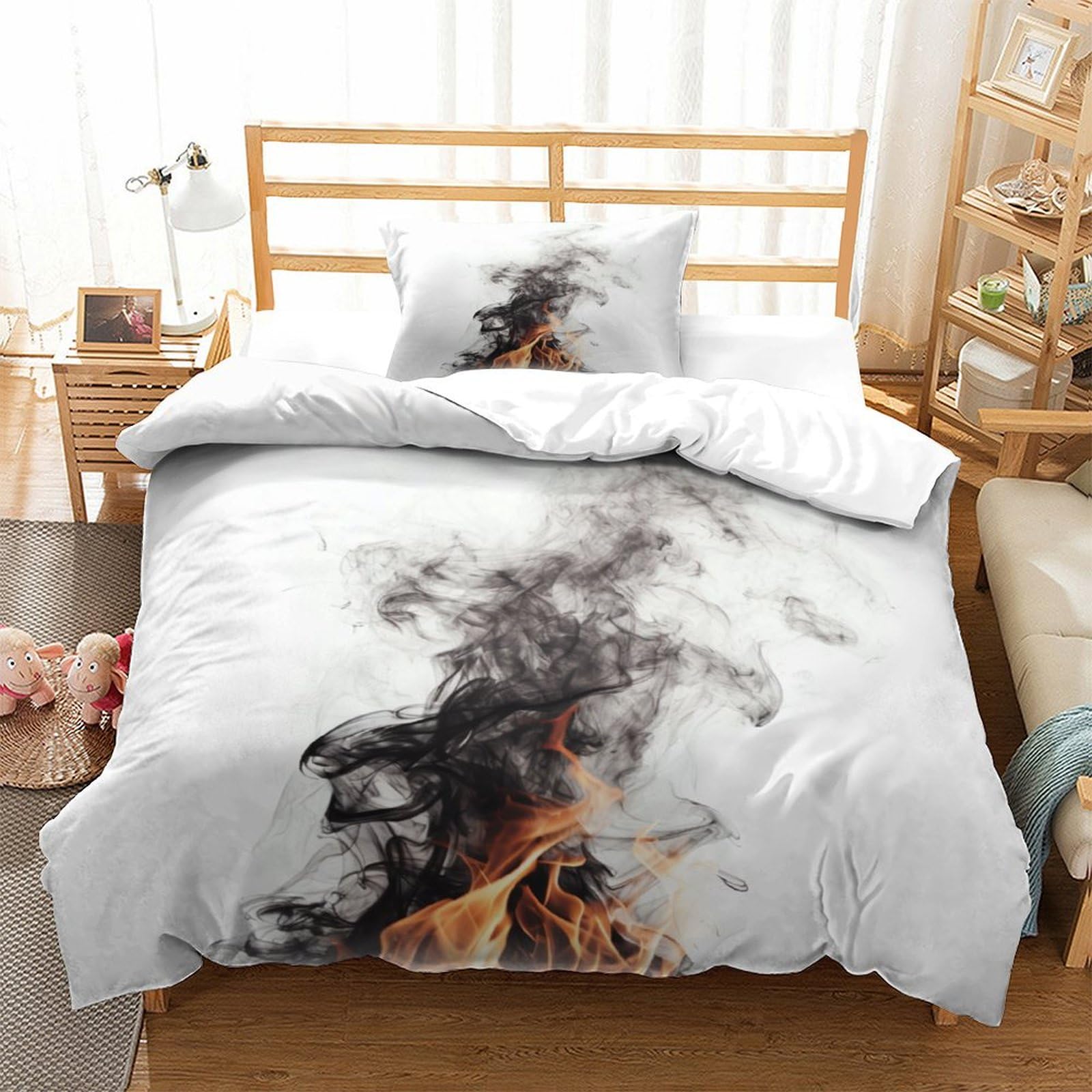 P1s9u7w5y Burning Fire-1 3D Printed Flame Dragon Duvet Cover Set 3Pcs Microfiber Smoke Dragon Bedding Set Single（135X200cm）