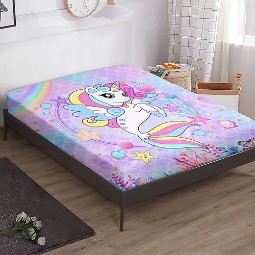 Miniatura 3 de BailiPromise Juego de sábanas de sirena para niños, tamaño Queen, con estampado de unicornio y arcoíris, unicornio y estrella de mar, adecuado para