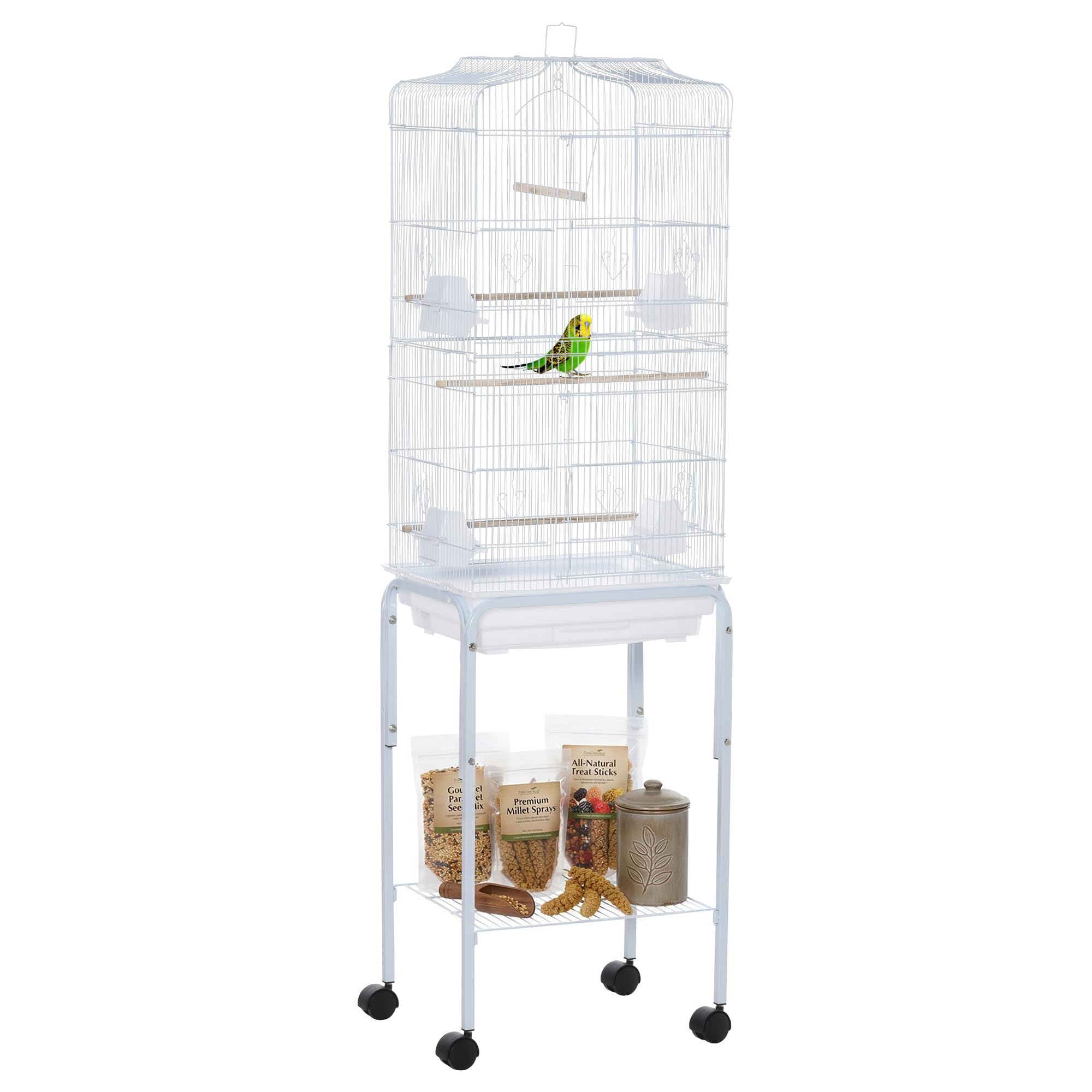 PawHut Gabbia per Uccelli, Voliera in Metallo e Acciaio con Ruote, Trespoli e Ciotole, 46.5x36x157cm, Bianco
