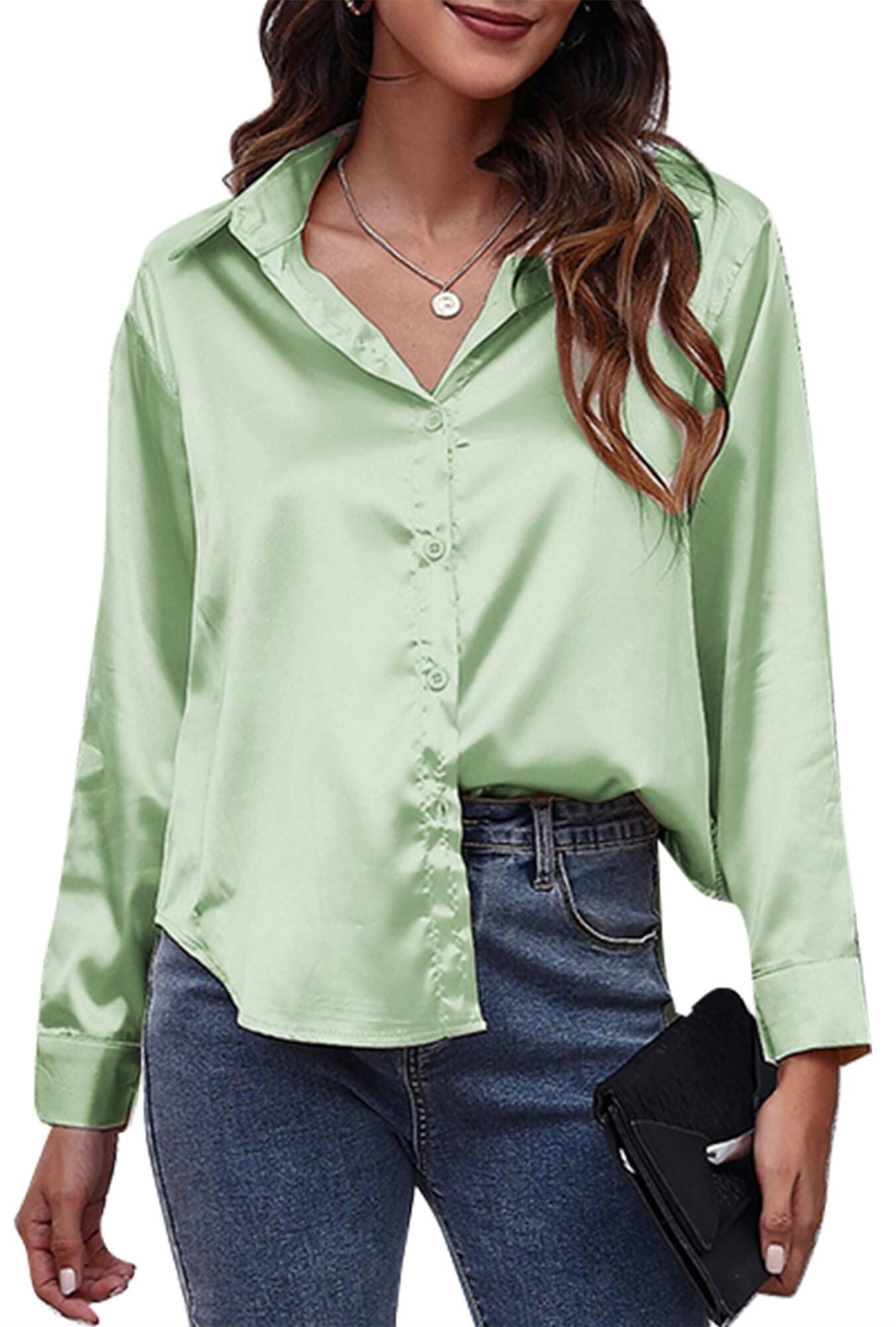 Happy CherryWomen’s Satin Shirt Long Sleeve Causal Blouses Ladies Button Down V Neck Silk Office Work Summer Tops