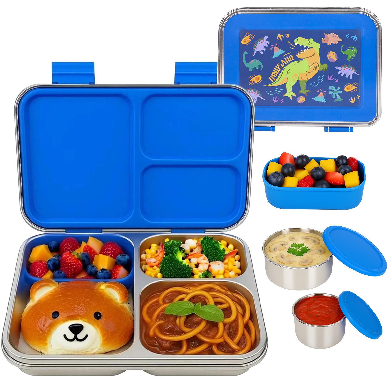 Edelstahl Brotdose Kinder mit 3 Fächern und Dichtring 950ml Lunchbox Personalisiert , BPA-freie, Auslaufsicher, 3 Containers Bento Box für Picknick Schulschüler Mittagessen Snack (Dinosaurier)