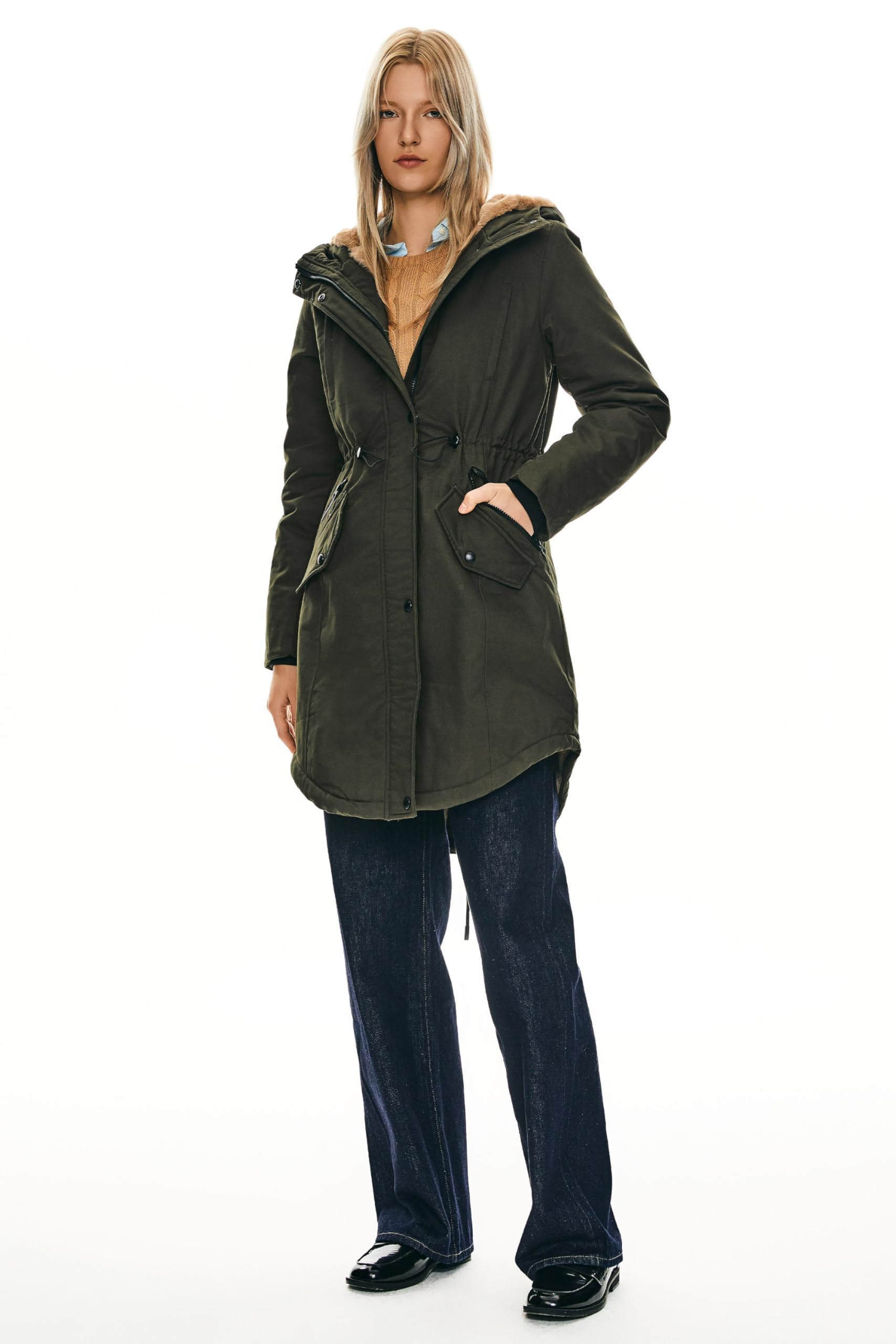 OROLAY Parka da Donna Foderato in Pile con Cappuccio Giacca Imbottita Invernale di Media Lunghezza