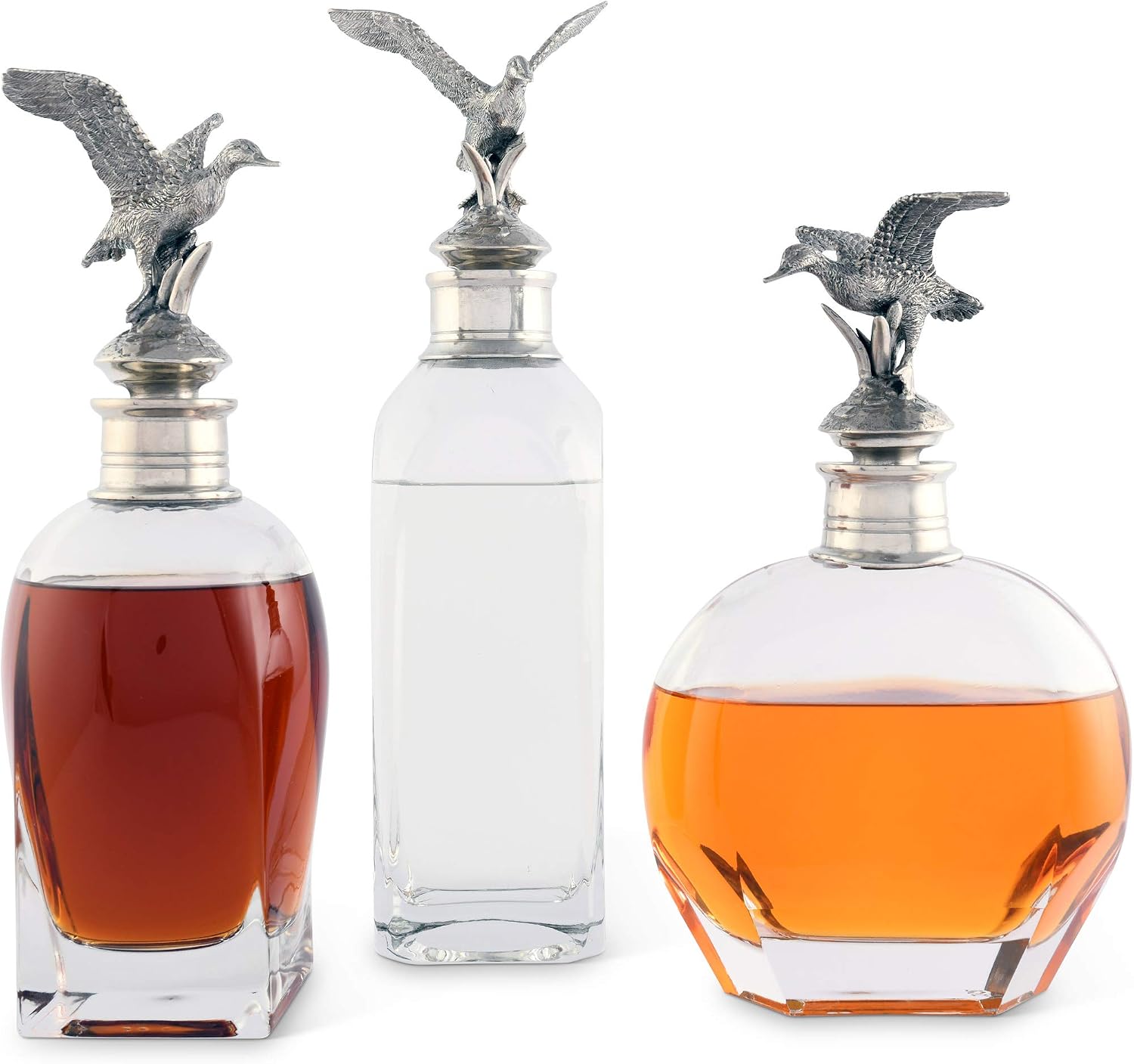 Vagabond House Pewter Flying Duck Liquor Decanters for Alcohol, Rum, Bourbon, Scotch, Wine Decanter - Hand Blown Italian Glass Perfect for Wedding and Housewarming Gifts 11.5 inch Tall 650 ml