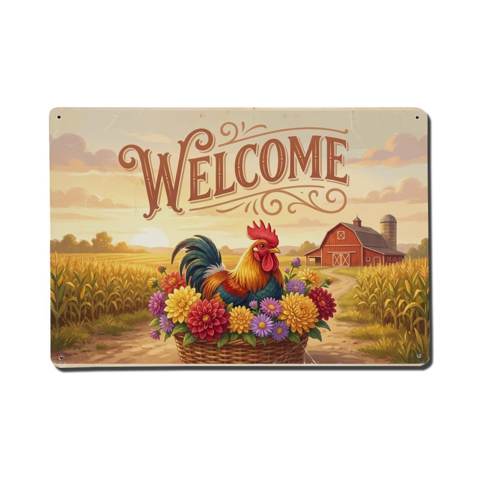 Vintage Welcome Rooster Golden Hour Metal Tin Sign
