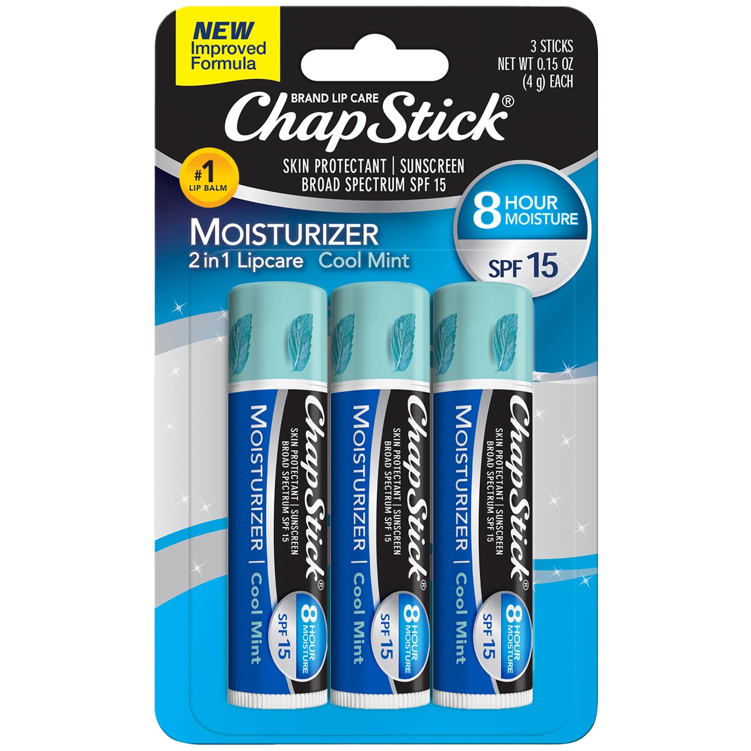 Chapstick Lip Moisturizer and Skin Protectant Cool Mint, 0.15 Ounce, 3 Count