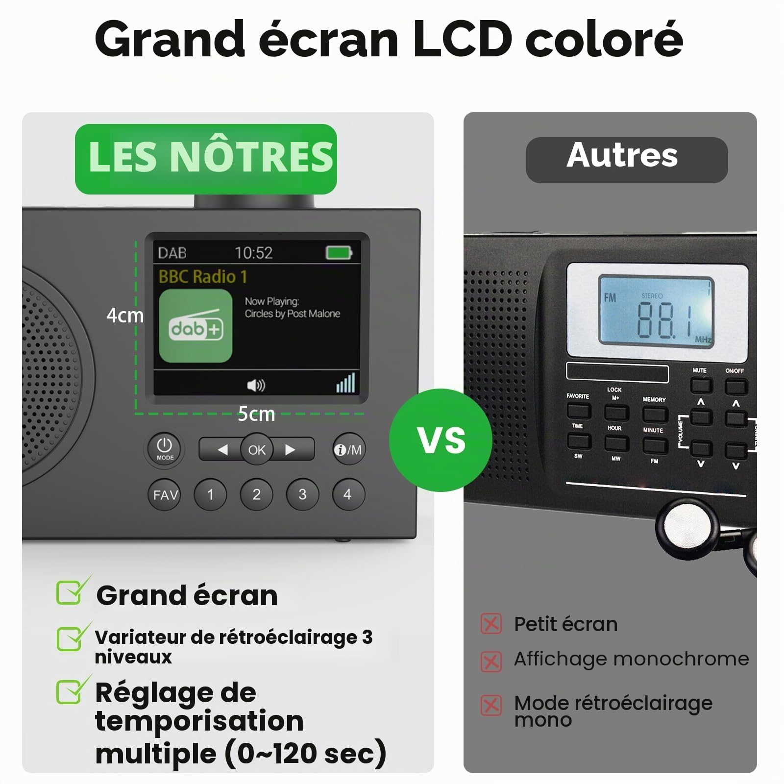 Radio DAB Monodeal avec Bluetooth, DAB+ et FM, Écran TFT 3" Rechargeable, Noir