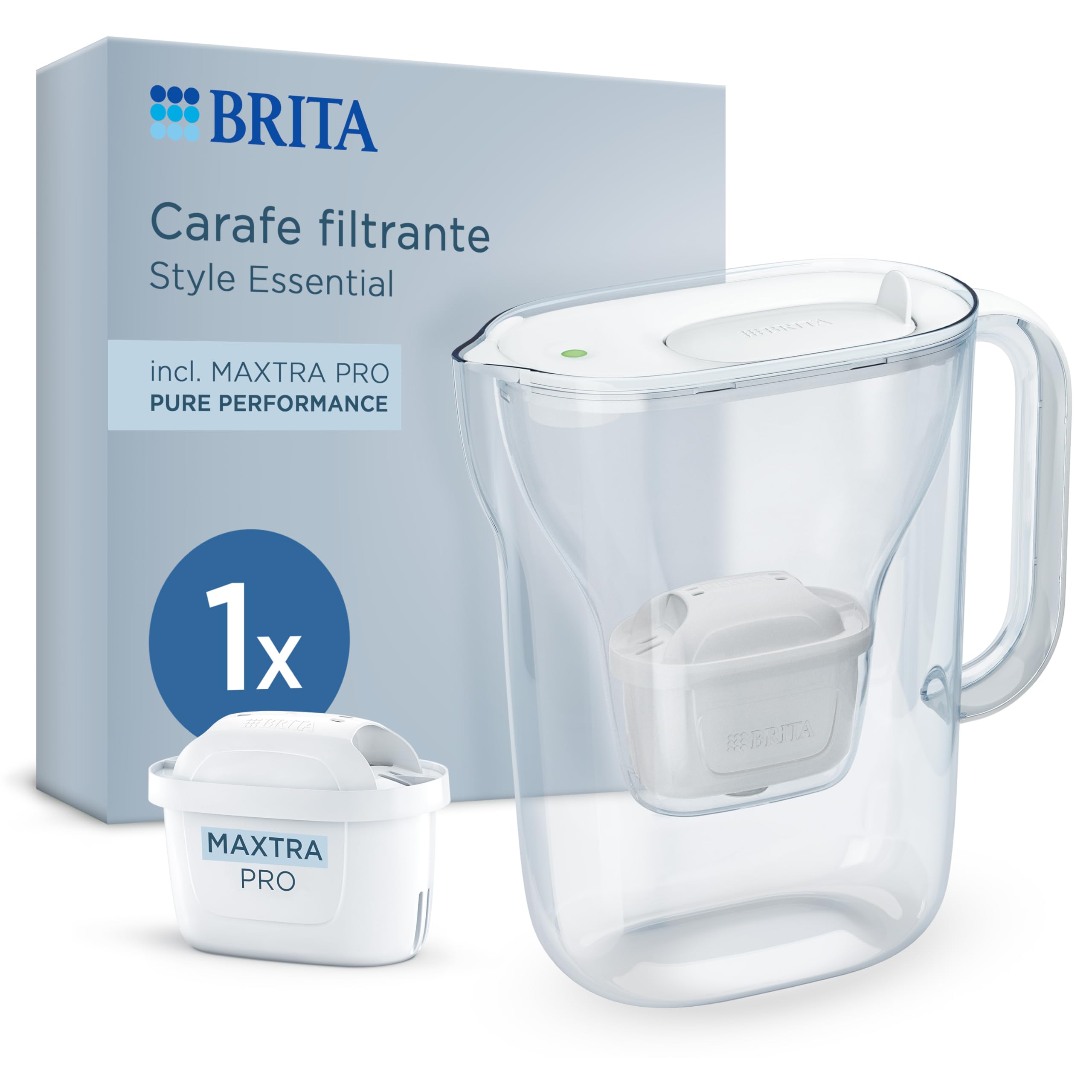 BRITA Carafe filtrante Style Essential blanche (2,4L) avec 1x MAXTRA PRO PURE PERFORMANCE - Indicateur Smart Light, tient dans la porte du frigo, réduit* des impuretés, certains métaux & plus