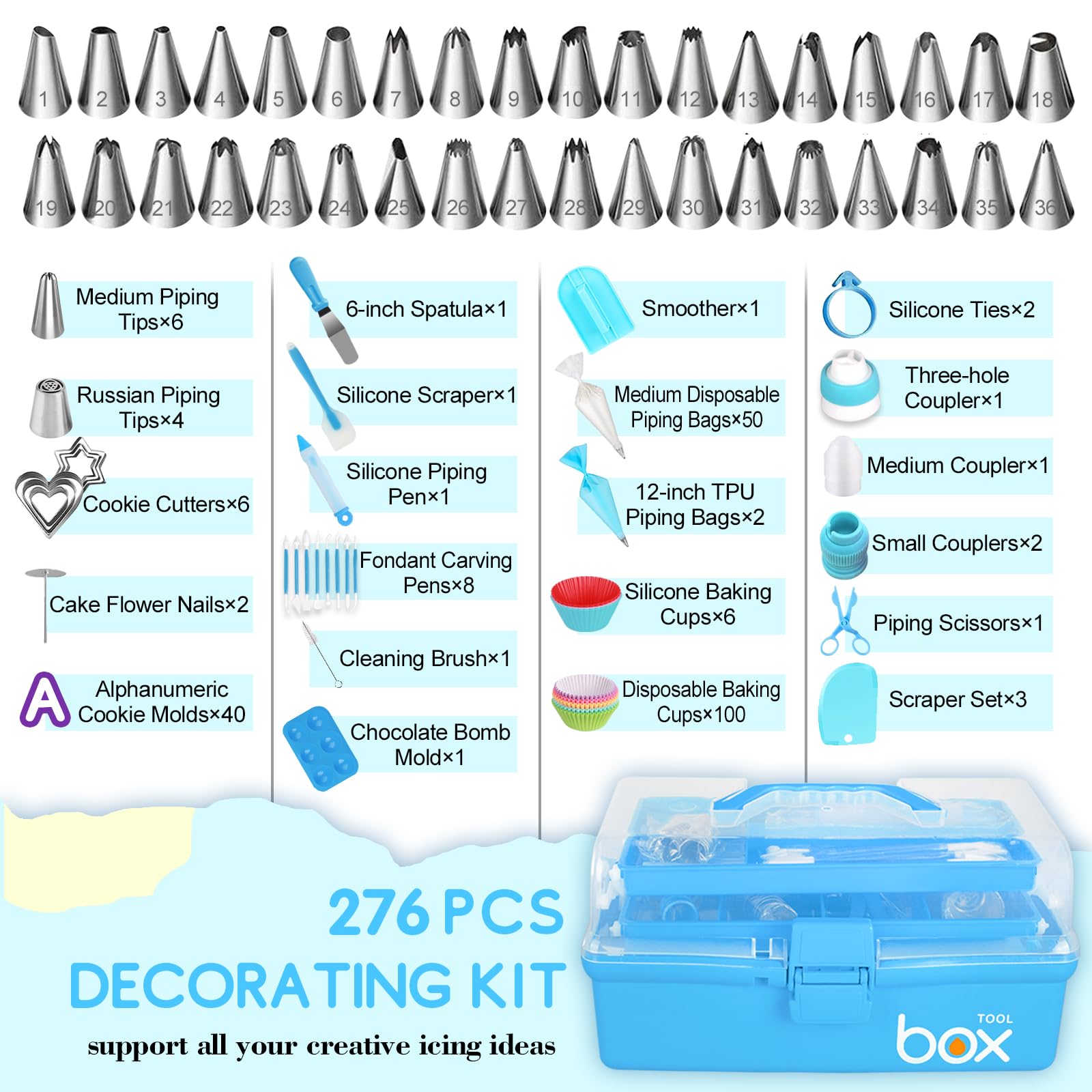 Kit de suministros para hornear para decoración de pasteles, 46 puntas de tubería y 51 bolsas de glaseado con caja de herramientas de 3 capas, herramientas para hornear fondant, cupcakes, galletas,