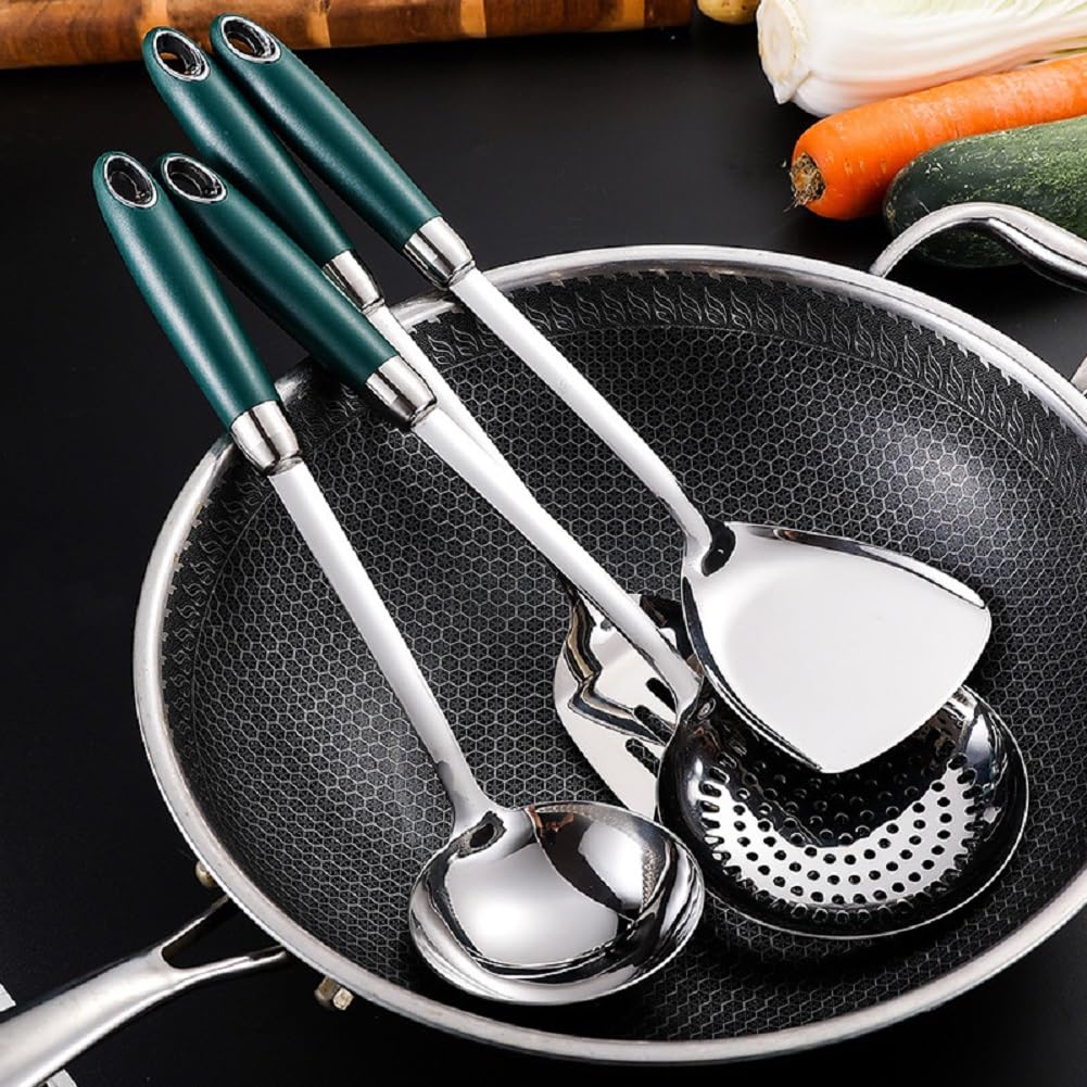 Kochutensilien, 4-Teiliges Kochutensilien Set, 304 Edelstahl Kochlöffel Set Mit Suppenkelle, Schaumlöffel, Schlitz Pfannenwender, Solider Wokpfannenwender, Küchenhelfer Set