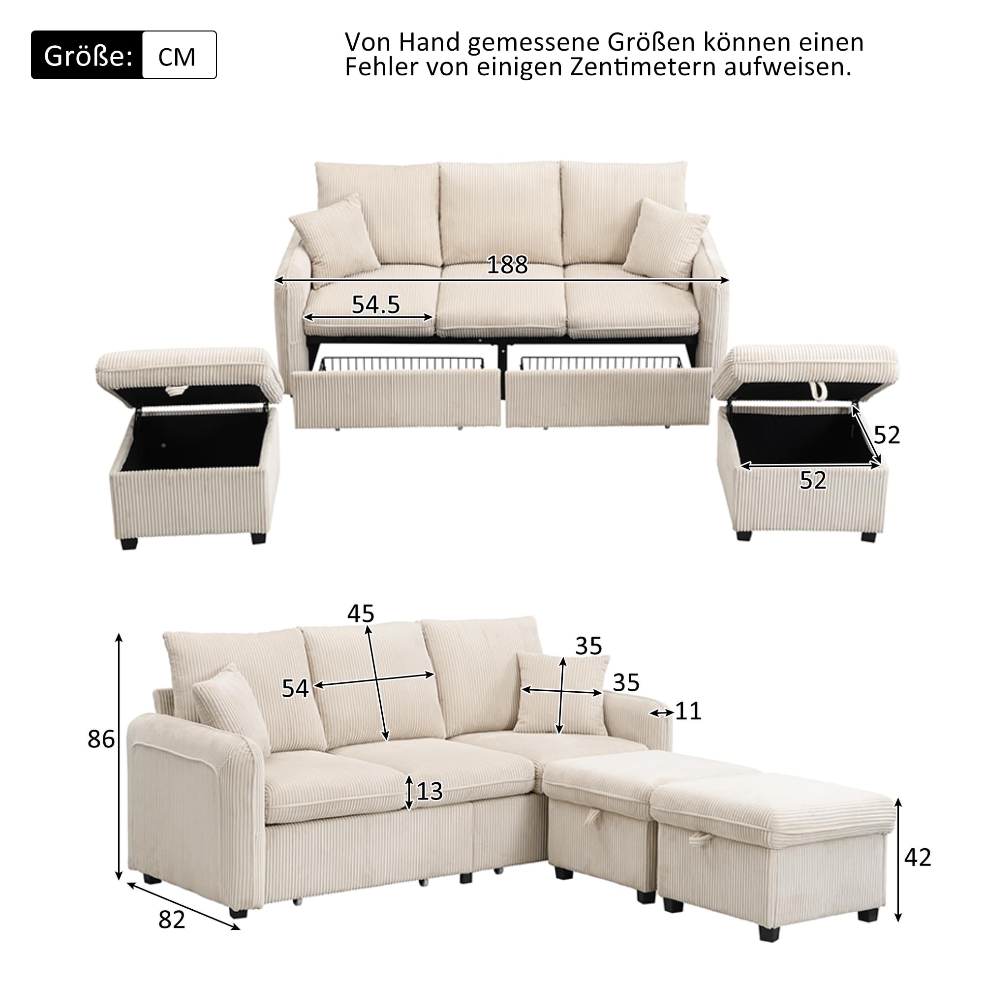 Merax Modulares 3-Sitzer Sofa-Set, Ecksofa in L-Form & U-Form mit 2 Stauraum-Hockern, Couch mit 2 Schubladen, Flexibel kombinierbare Wohnlandschaft aus Chenille, Beige