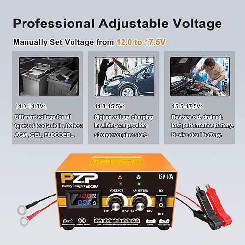 Miniatura 2 de PZP - Cargador de batería de 0-10A de 12 voltios, automóvil, barco, camión, automóvil, motocicleta, RV, cortacésped, 12V, cargador manual