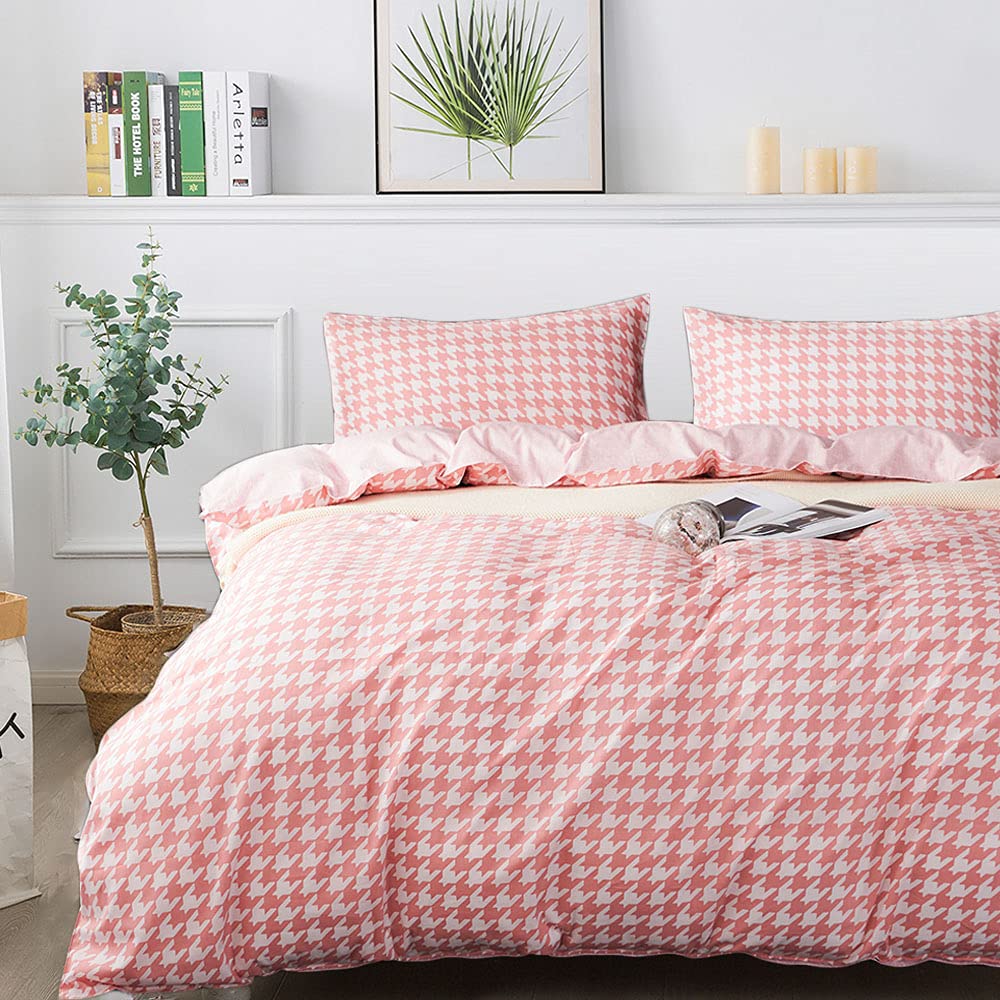 FADFAY Pink Plaid Duvet Cover Set Queen 