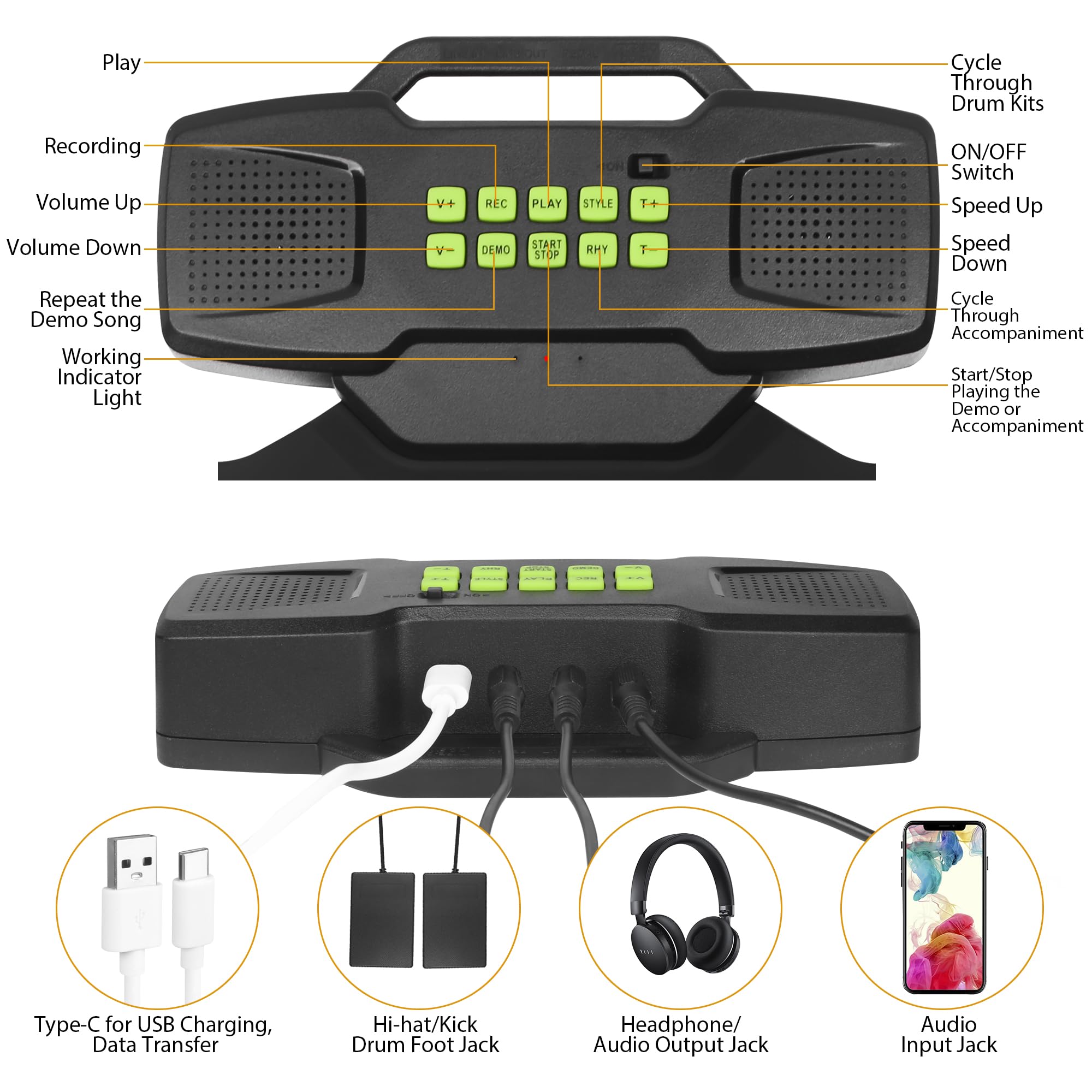 Batterie Électronique E-Drum Kit, Bonvvie Roll Up Digital Drum avec 9 Pads, MIDI, DTC, Double Haut-parleurs Intégrés, Batterie Rechargeable 1800mAh Li-ion,Idéal pour Débutants, Étudiants et Passionnés
