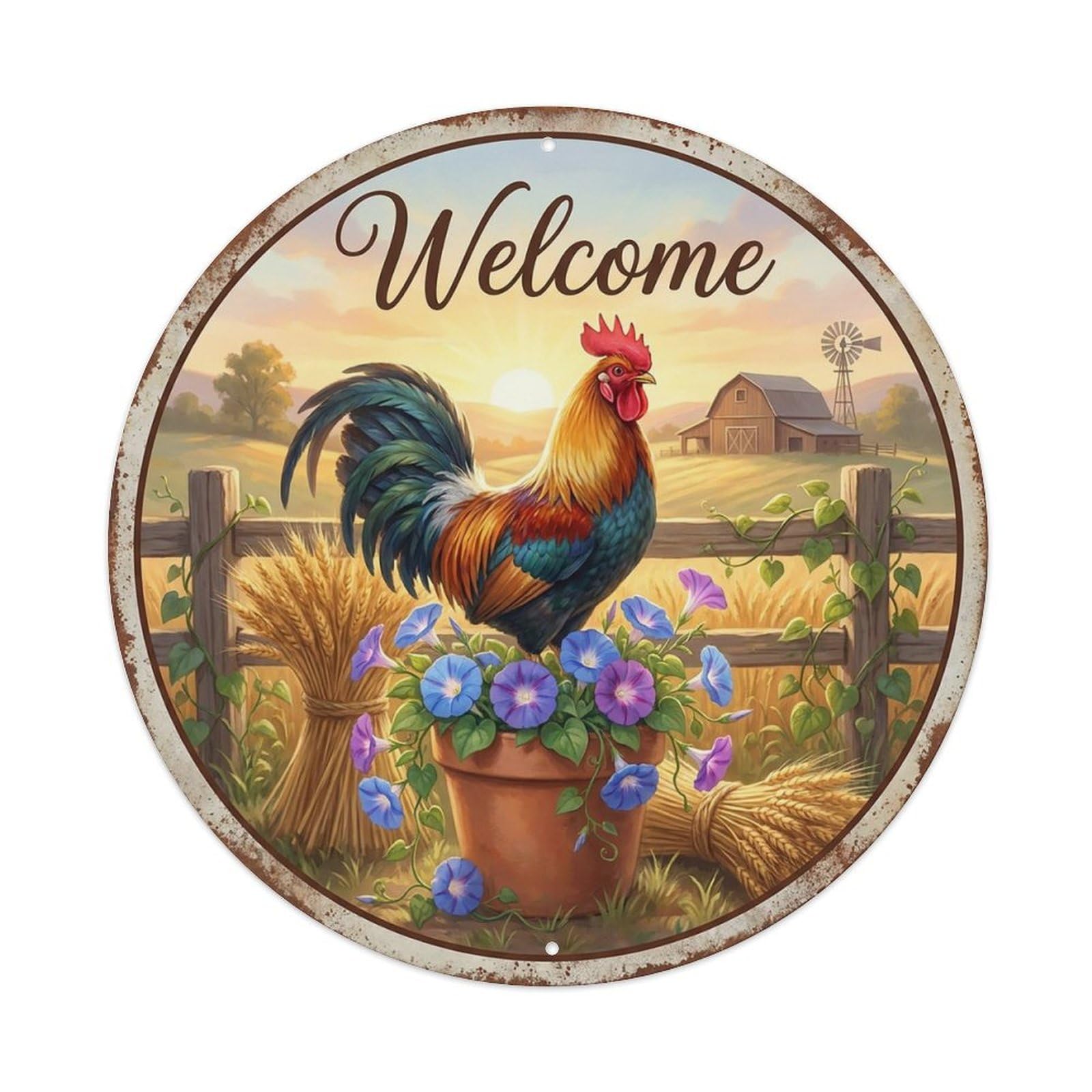 Vintage Welcome Rooster Farm Morning Vintage Metal Tin Sign Plaque Wall Decor for Cafe, Club Bar, Office, Garden Metal Poster 8x8Inch