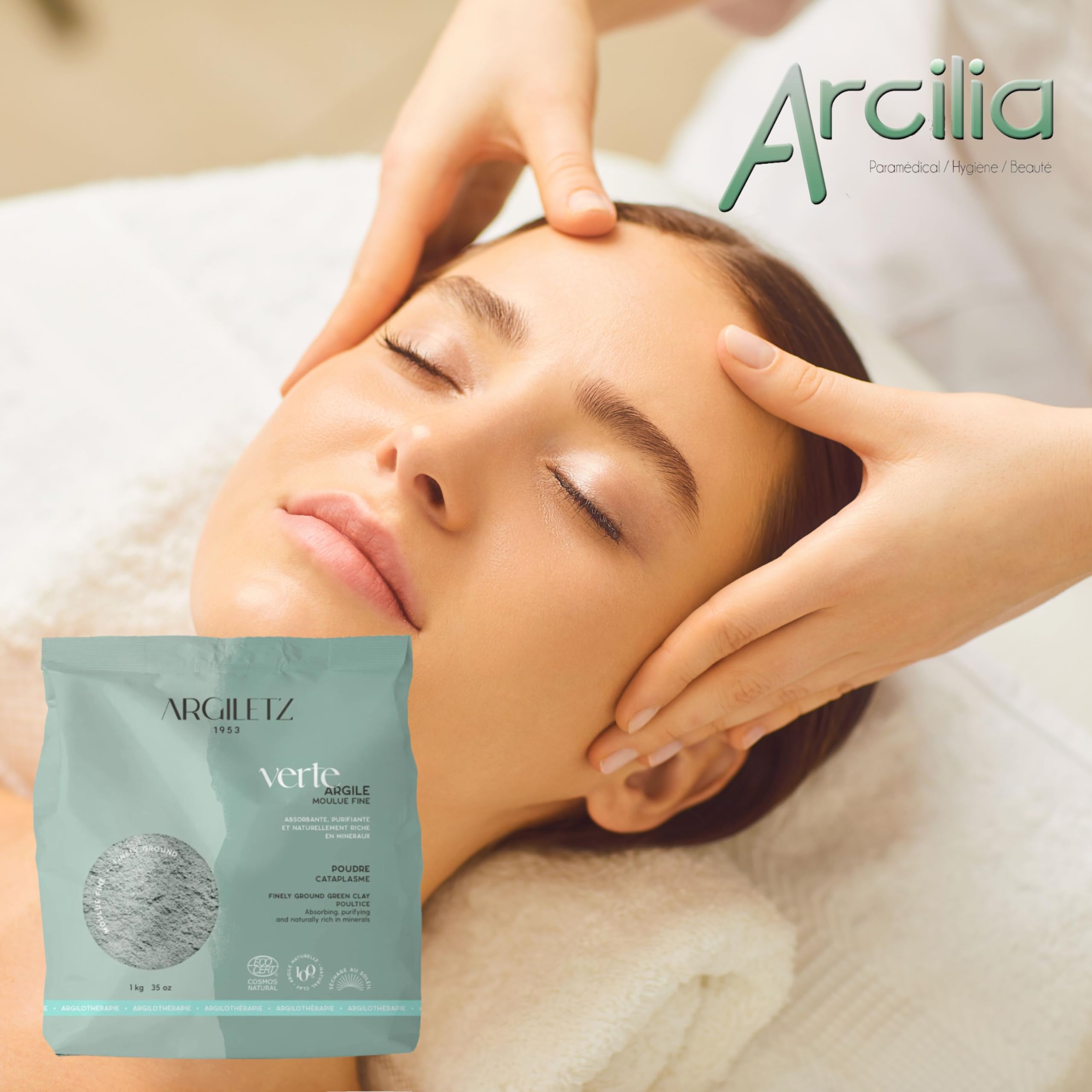 (ARCILIA) Argiletz - Lot de 2 sachets d'argile verte illite moulue fine 1kg - séchée au soleil ARGILTEZ - cataplasme, emplâtre, masque soin beauté visage, cheveux, bain d'argile et cure