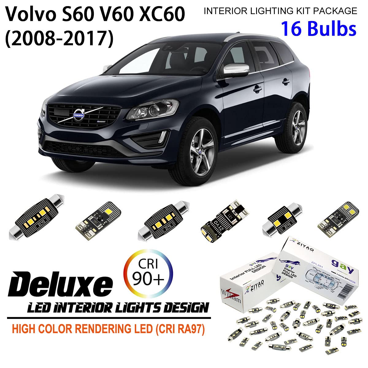 ZIYO ZPL3613 - (16 Bulbs) Deluxe LED Interior Light Kit 6000K Xenon White Dome Light Bulbs Replacement Upgrade for 2008-2017 Volvo S60 V60 XC60