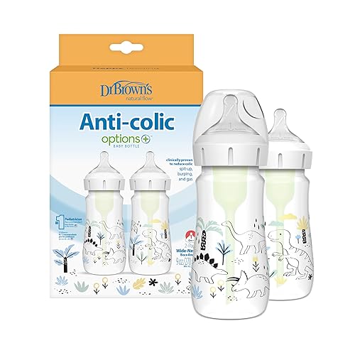 Dr. Brown's Natural Flow Anti-Colic Options+ Biberón de cuello ancho Edición Diseñador, Dino Decos, 9 oz/9.1 fl oz, Pezón Nivel 1, 2-Pack, 0.0 ft+