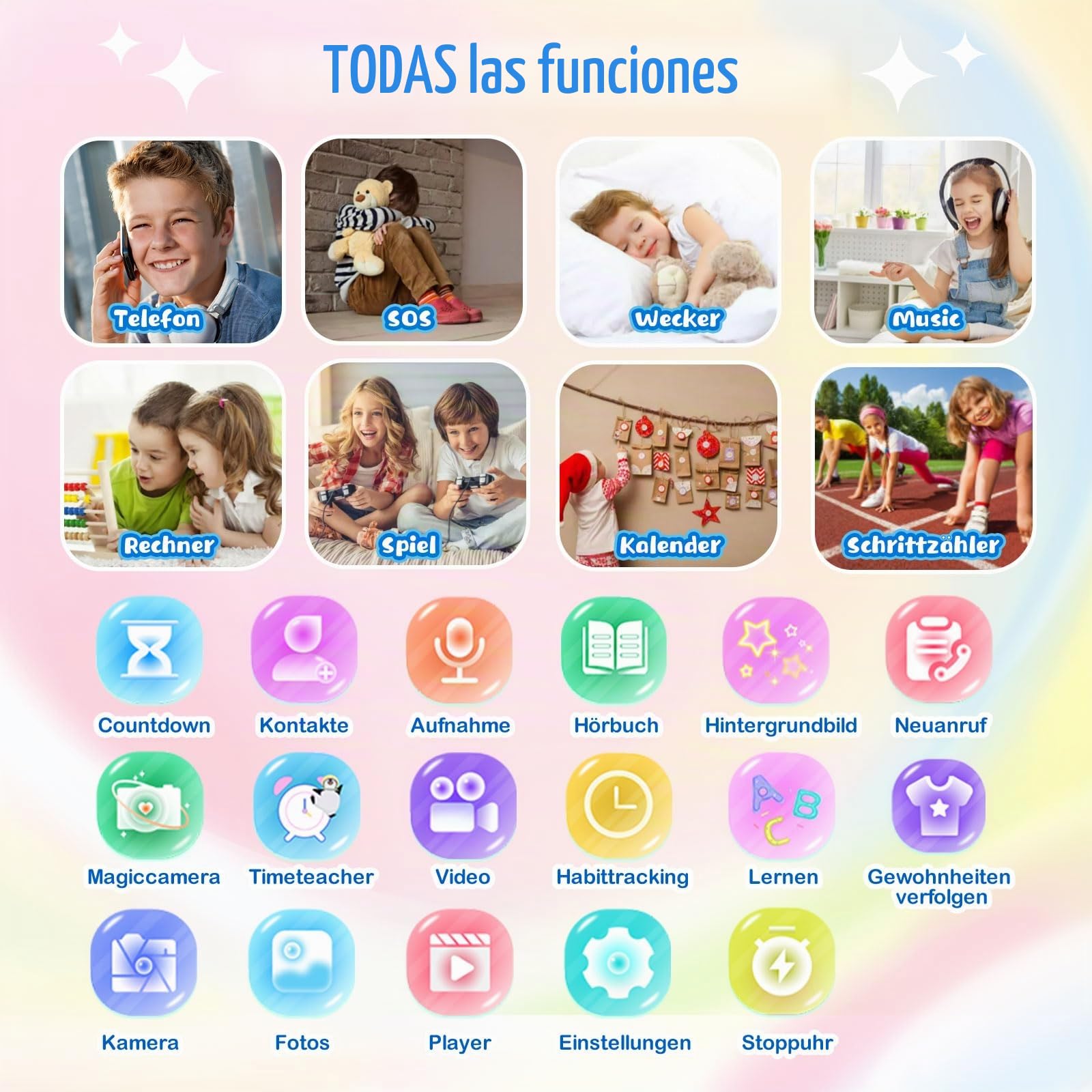 PTHTECHUS Reloj Inteligente para Niños 4G, Reloj Teléfono para Niños con Función de Llamada, Llamadas Bidireccionales, Cámara, MP3, SOS, Learn Card, Regalo para Niñas Negro