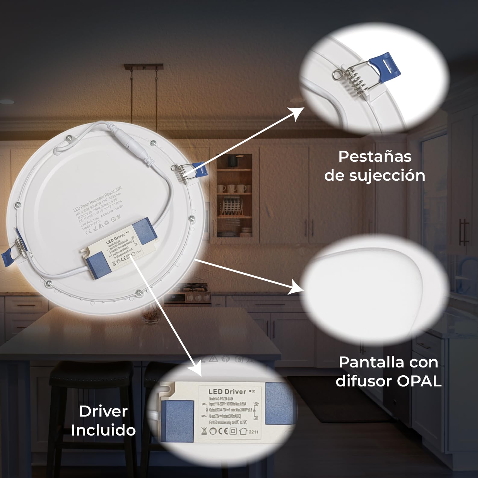 LED ATOMANT Downlight LED Panel Extraplano Redondo 220mm 20W, 1800 lumenes, Color Luz Fria (6500K), Corte estandar 200mm, Driver incluido