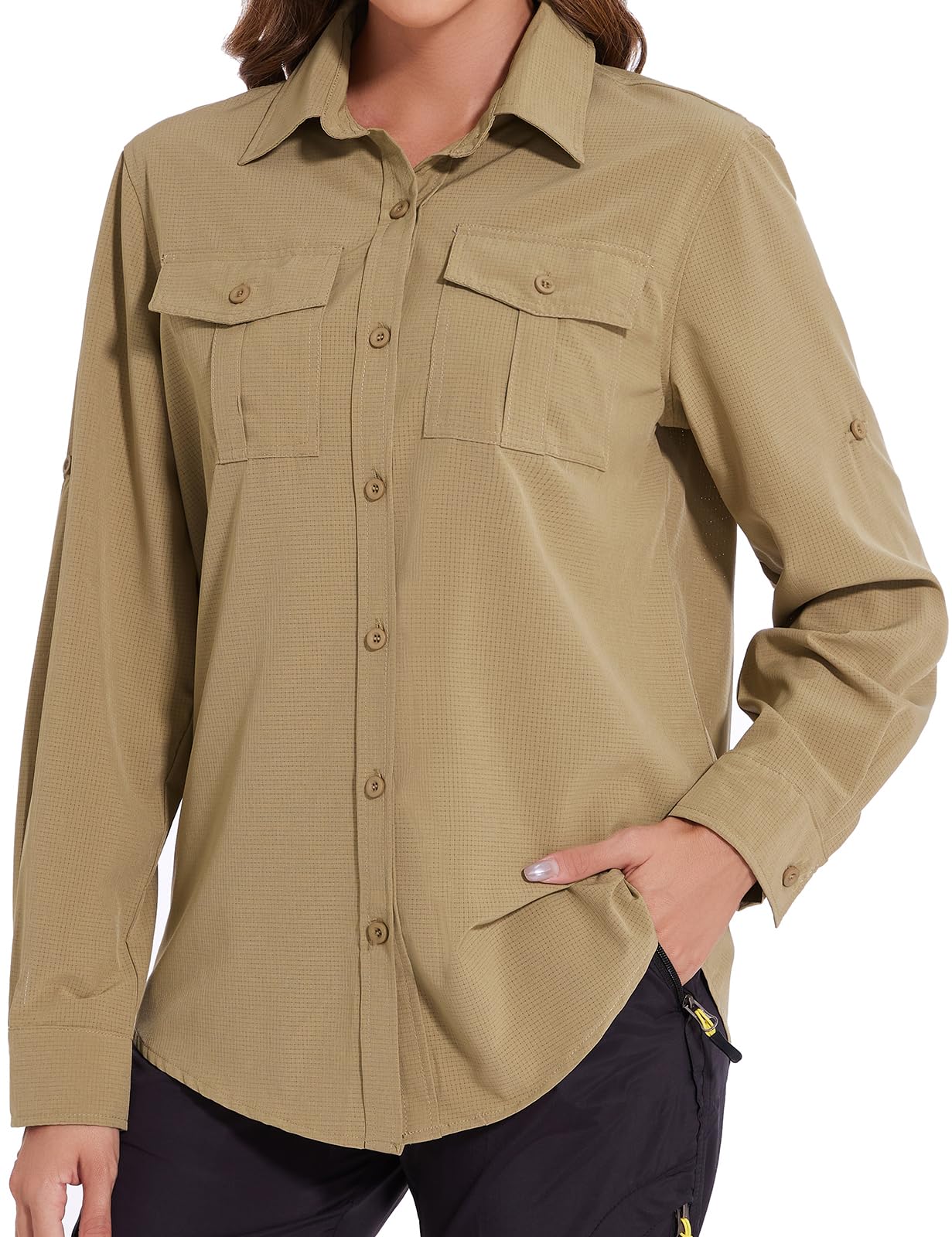 Tuopuda Blusa de Manga Larga para Mujer con Cuello en V Suelta Camisa de Secado Rápido con Bolsillos,UPF 50+Protección UV Informal Top Deportivo para Safari,Camping,Viajes