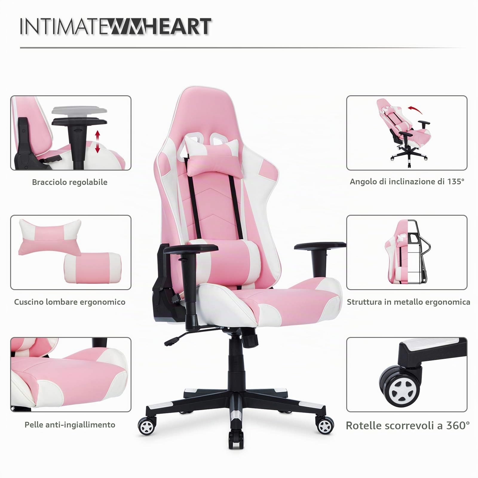 IntimaTe WM Heart Sedia Gaming Gioco Ergonomica Reclinabile 135 °Sedia Racing Girevole 360 ° Stile Sportivo Regolabile Sedie da Ufficio Poltrona di PU Rosa