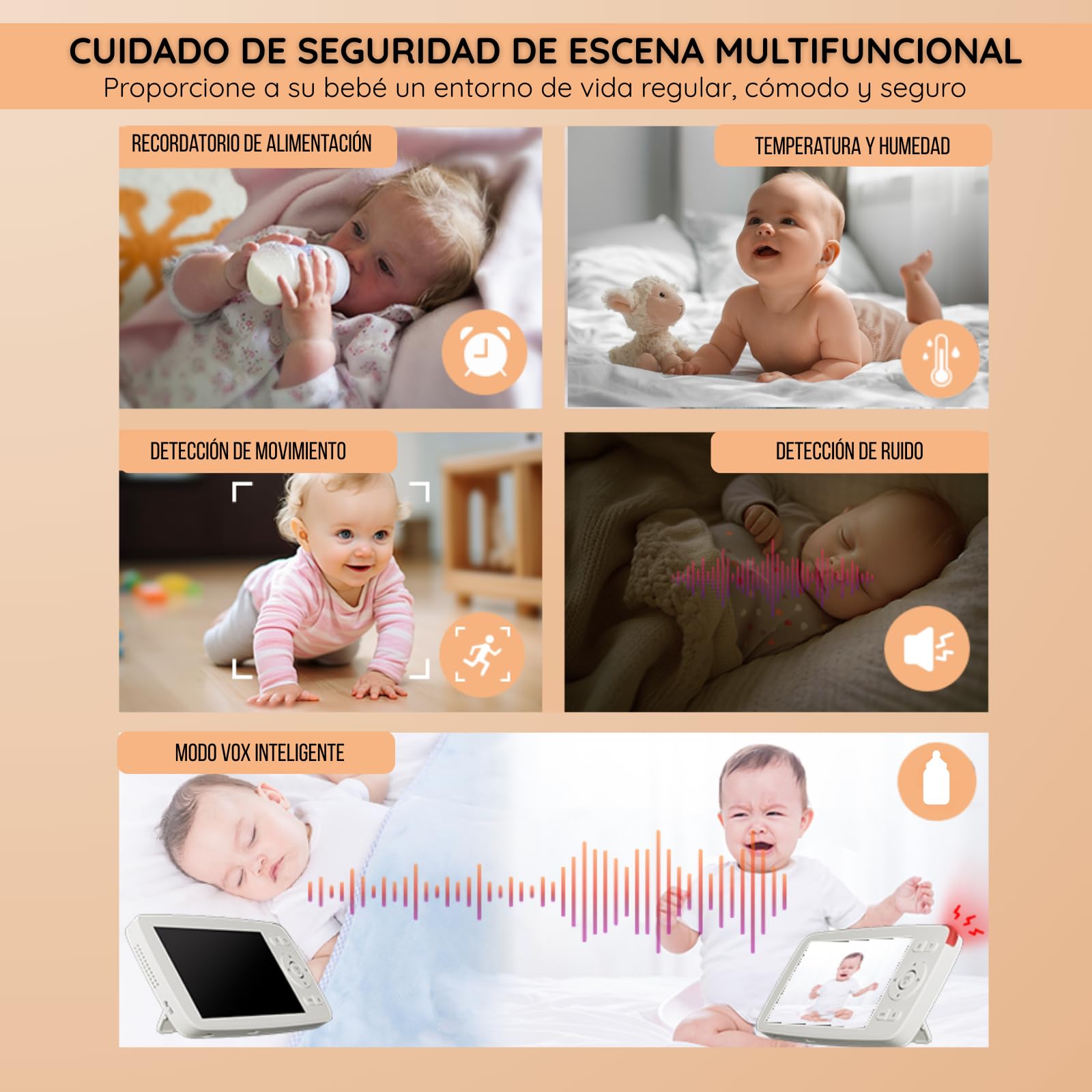 Cámara de vigilancia para bebé PTZ, Full HD 1080P, monitor IPS de 5", audio bidireccional, detección de llanto y movimiento, visión nocturna, VOX, modo Wi-Fi apagado, Wi-Fi remoto, largo alcance 500 m