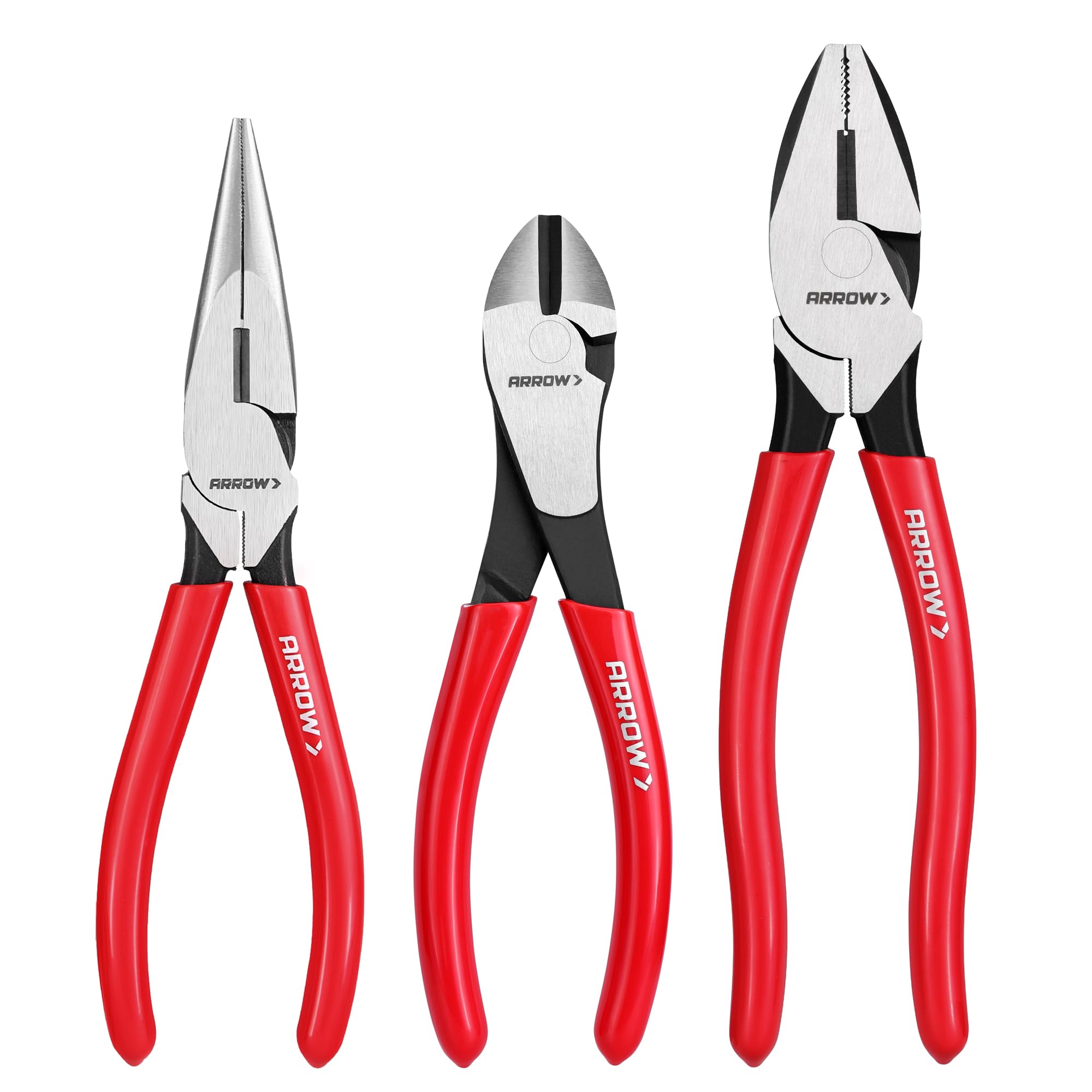 ARROW 3PCS Pliers Set, 8" Needle Nose Pliers, 7" Diagonal Plier, 8" Linesman with Non-slip Handle, Premium Carbon Steel, High Leverage Design