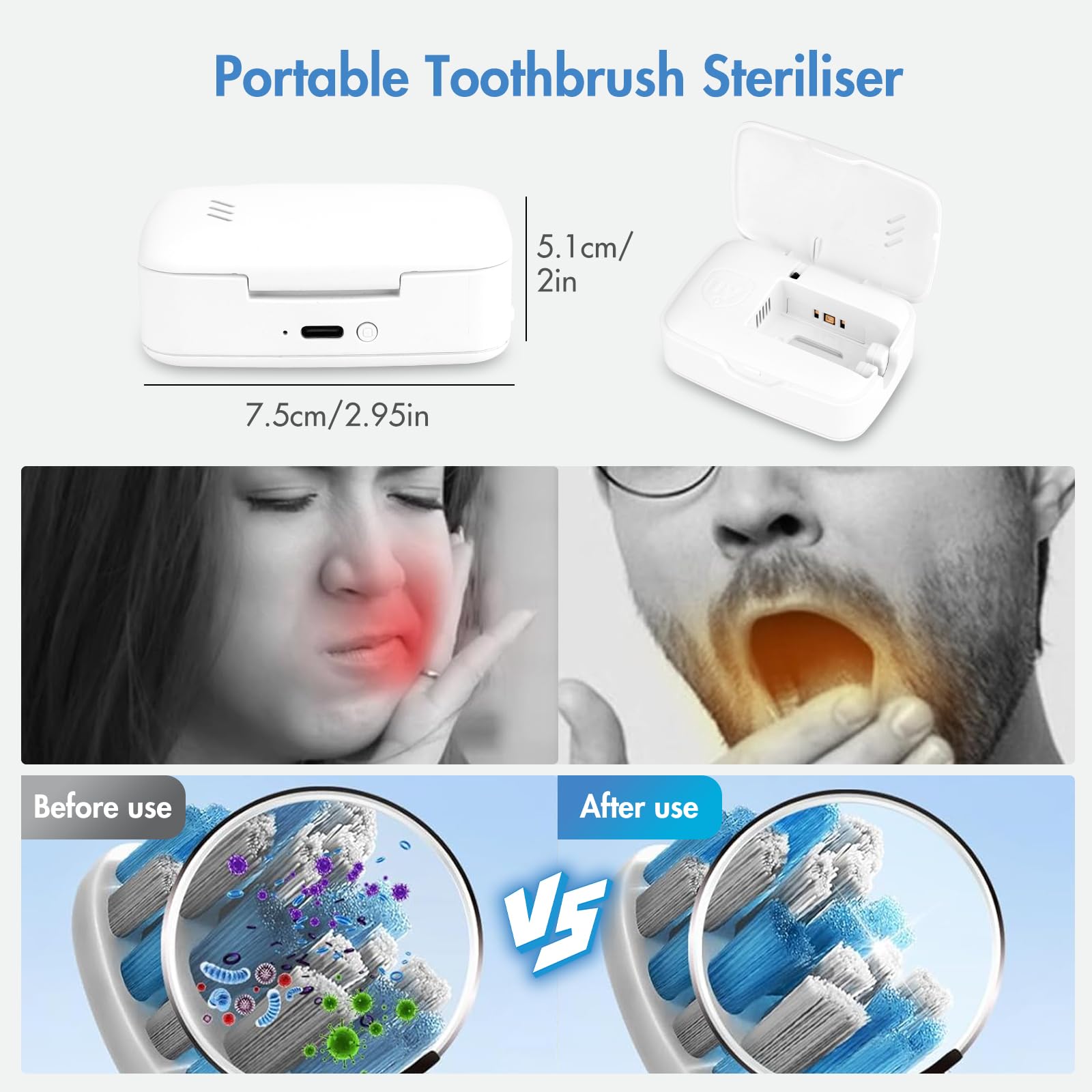 Custodia disinfettante per spazzolino da denti UV, mini disinfettante portatile con riscaldamento a asciugatrice, copertura ricaricabile per spazzolino da denti con asciugatura a ventola, scatola