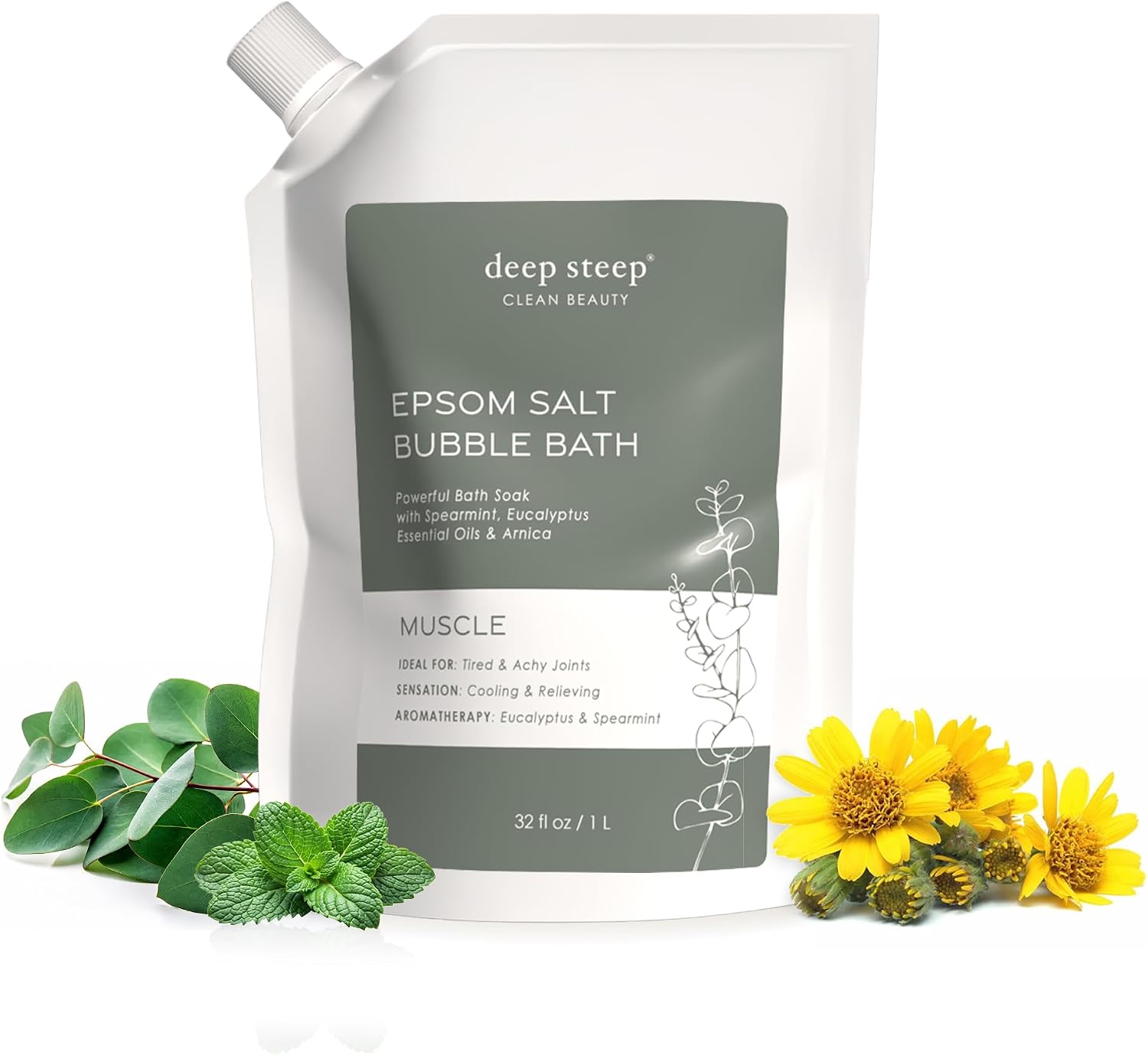 Deep Steep Epsom Salt Bubble Bath, Muscle, 32 oz – Spa Soak with Epsom Salt, Arnica, Ashwagandha & Essential Oils – Vegan, Clean Beauty, Muscle Recovery & Joint Support