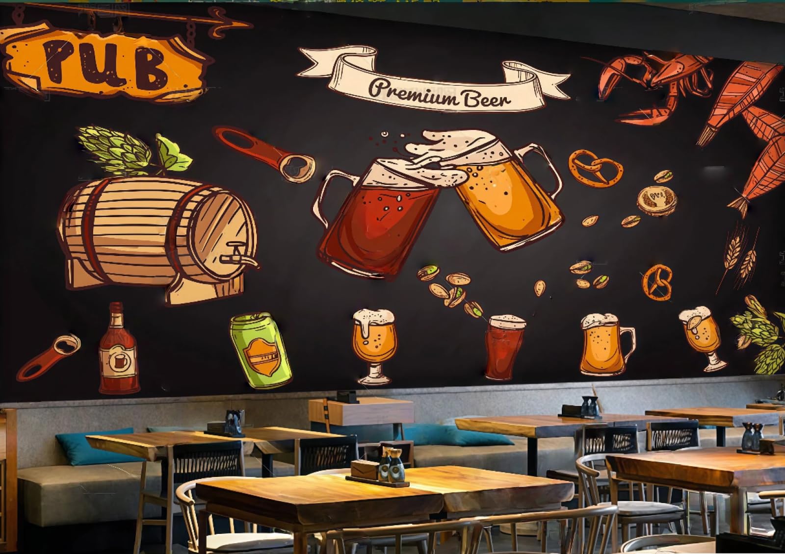 XDOUBAO Wallpaper Hand-Painted Blackboard Seafood Theme Clinking Glasses Bar Dessert Shop Afternoon Tea Western Restaurant Background Wall Wallpaper Coffee Shop Mural,3D,150x105cm