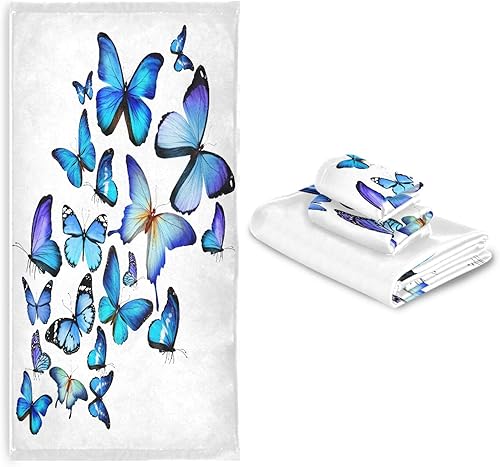 Miniatura 7 de ALAZA Juego de 3 toallas de baño con diseño de mariposas azules, 1 toalla de baño, 1 toalla de mano, 1 toallita suave, multiusos, para baño, hotel,