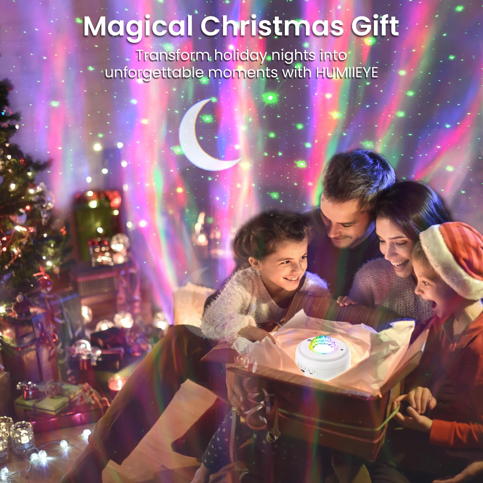 HUMIIEYE Proiettore di stelle con altoparlante Bluetooth, 1800 mAh alimentato a batteria, proiettore galassia, proiettore aurora boreale con luna, illuminazione ambientale per camera da letto, bambini