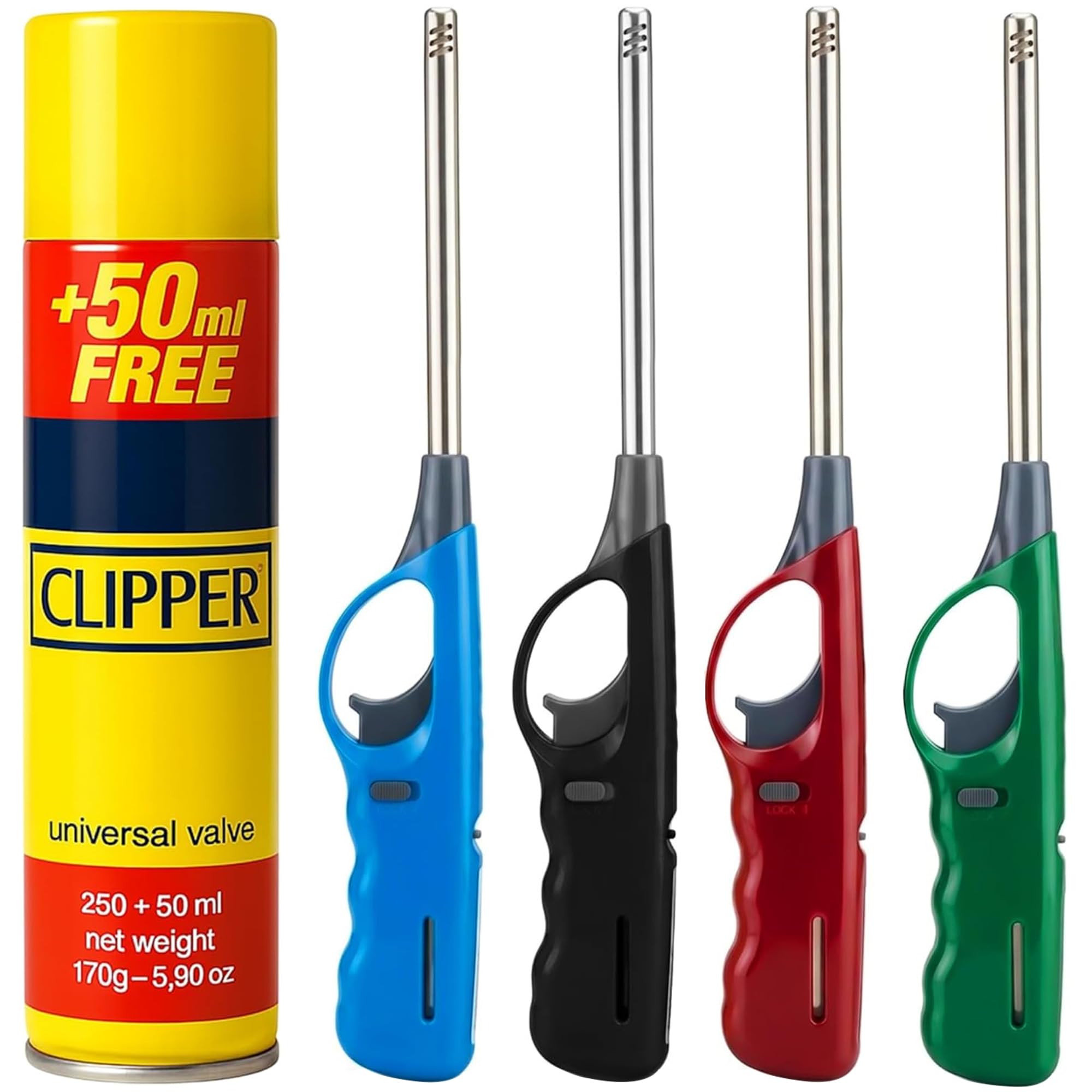Bmlimited Assorted Bml Pack Of 4 Long Reach Bbq Lighter Refillable Gas Lighter Windproof Adjustable Flame Kitchen Candle Hob Grill Fireplace Camping Lighter With Gas Canister Colours