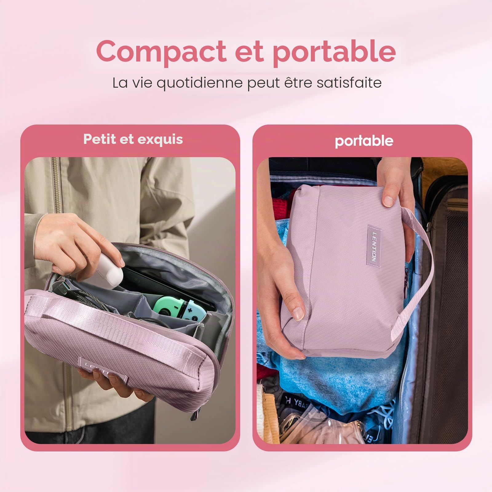 LENTION Sac de Rangement Câble, Pochette Câble de Voyage, Organisateur Électronique, Tech Pouch pour Accessoires Techniques USB Câbles, Chargeur, Batterie Externe, Carte SD, Objets Quotidiens (Rose)