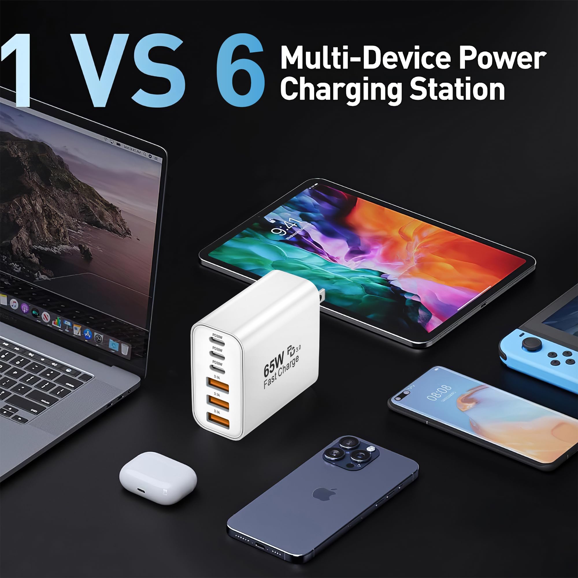 Blok ładowarki USB C, 65 W 6 portów blok ładowania USBC ładowarka ścienna ładowarka iPhone szybkie ładowanie wieloportowy typ C PD+wtyczka zasilania QC dla wszystkich iPhone 17, 16